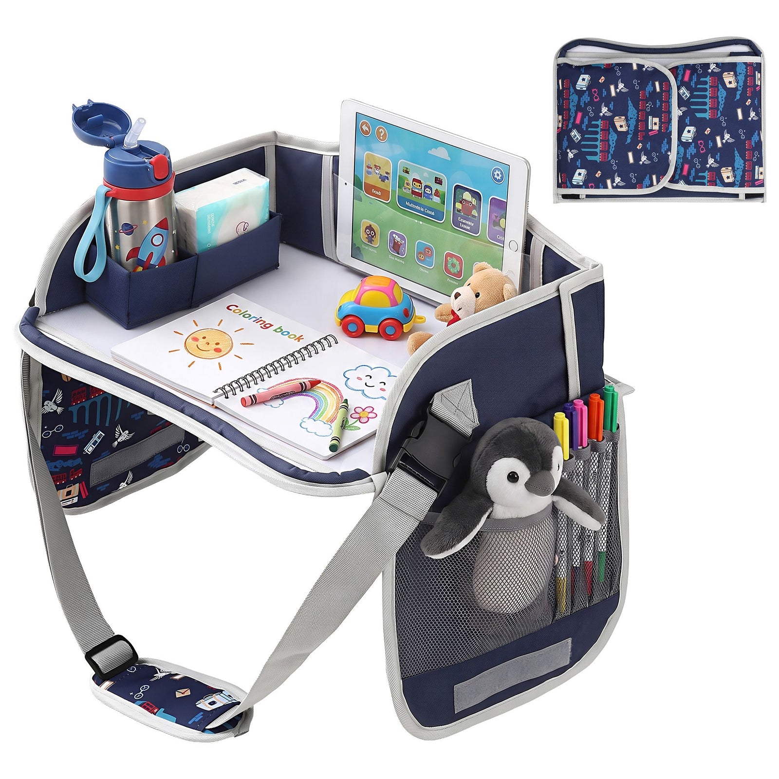 Kids Travel Tray Car Seat Lap Desk Portable Car Desk Organiser for Car & Airplane Blue