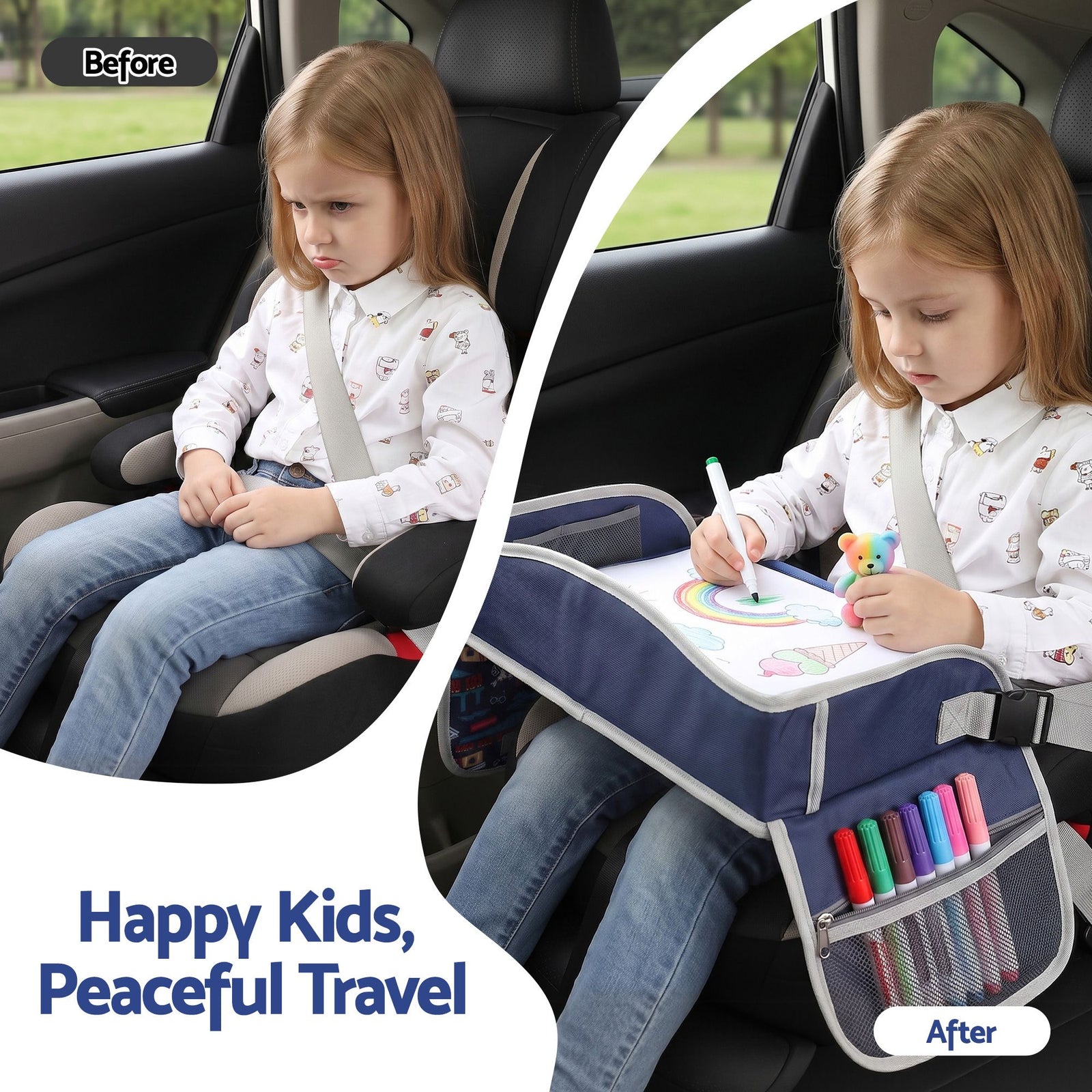 Kids Travel Tray Car Seat Lap Desk Portable Car Desk Organiser for Car & Airplane Blue