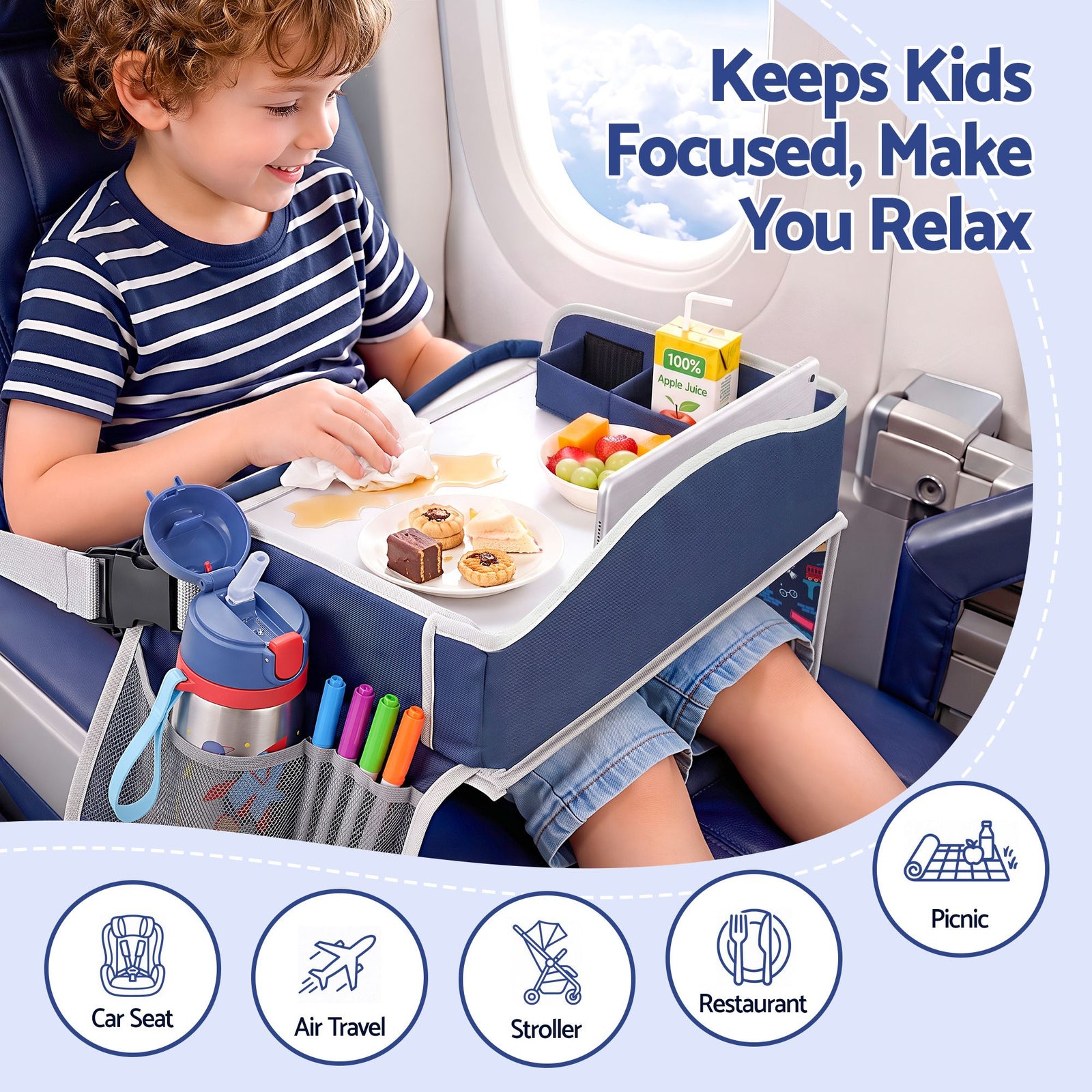 Kids Travel Tray Car Seat Lap Desk Portable Car Desk Organiser for Car & Airplane Blue