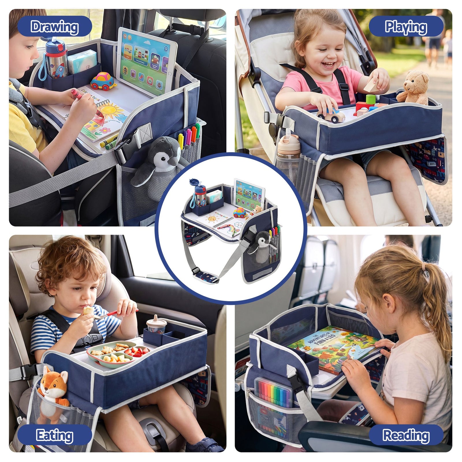 Kids Travel Tray Car Seat Lap Desk Portable Car Desk Organiser for Car & Airplane Blue