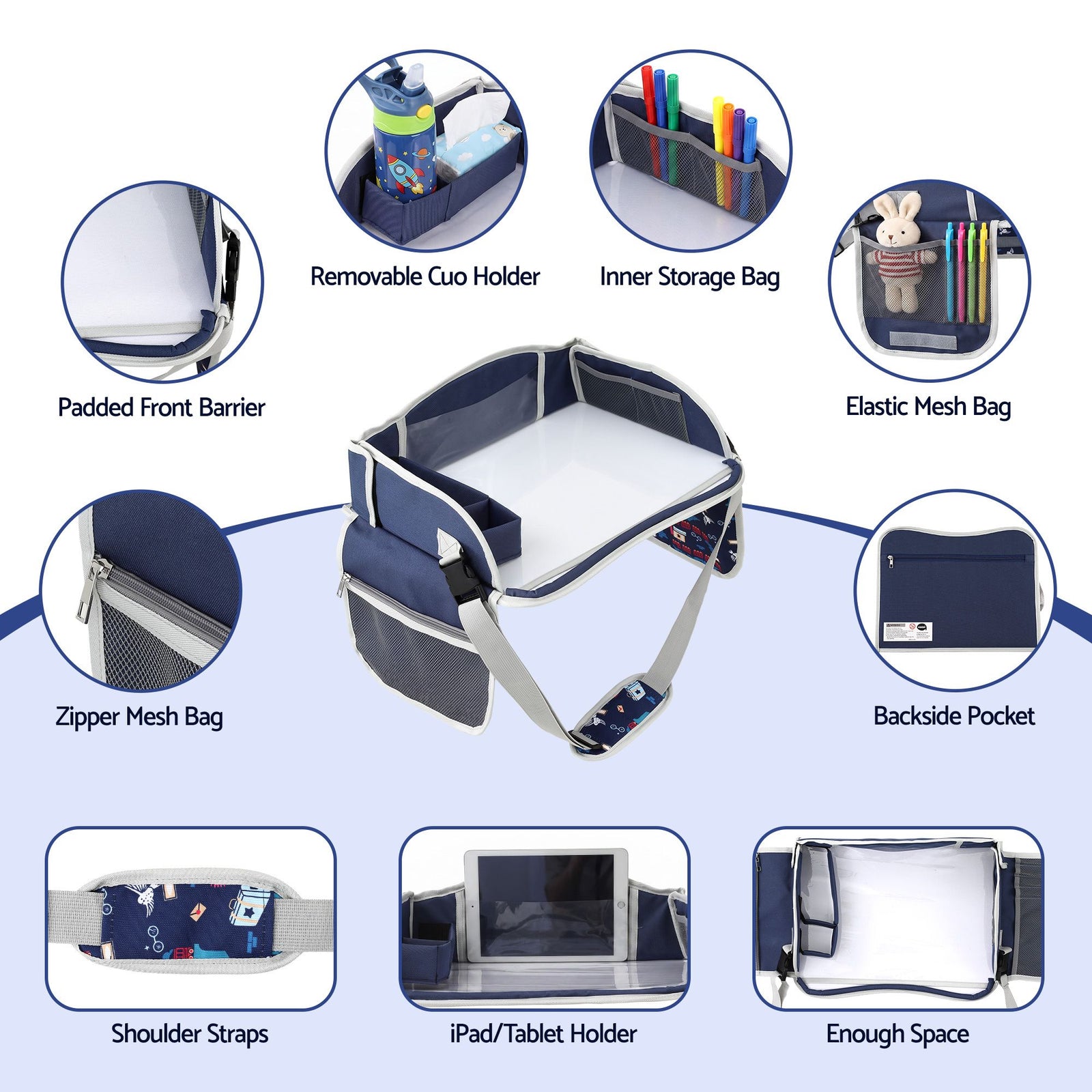 Kids Travel Tray Car Seat Lap Desk Portable Car Desk Organiser for Car & Airplane Blue