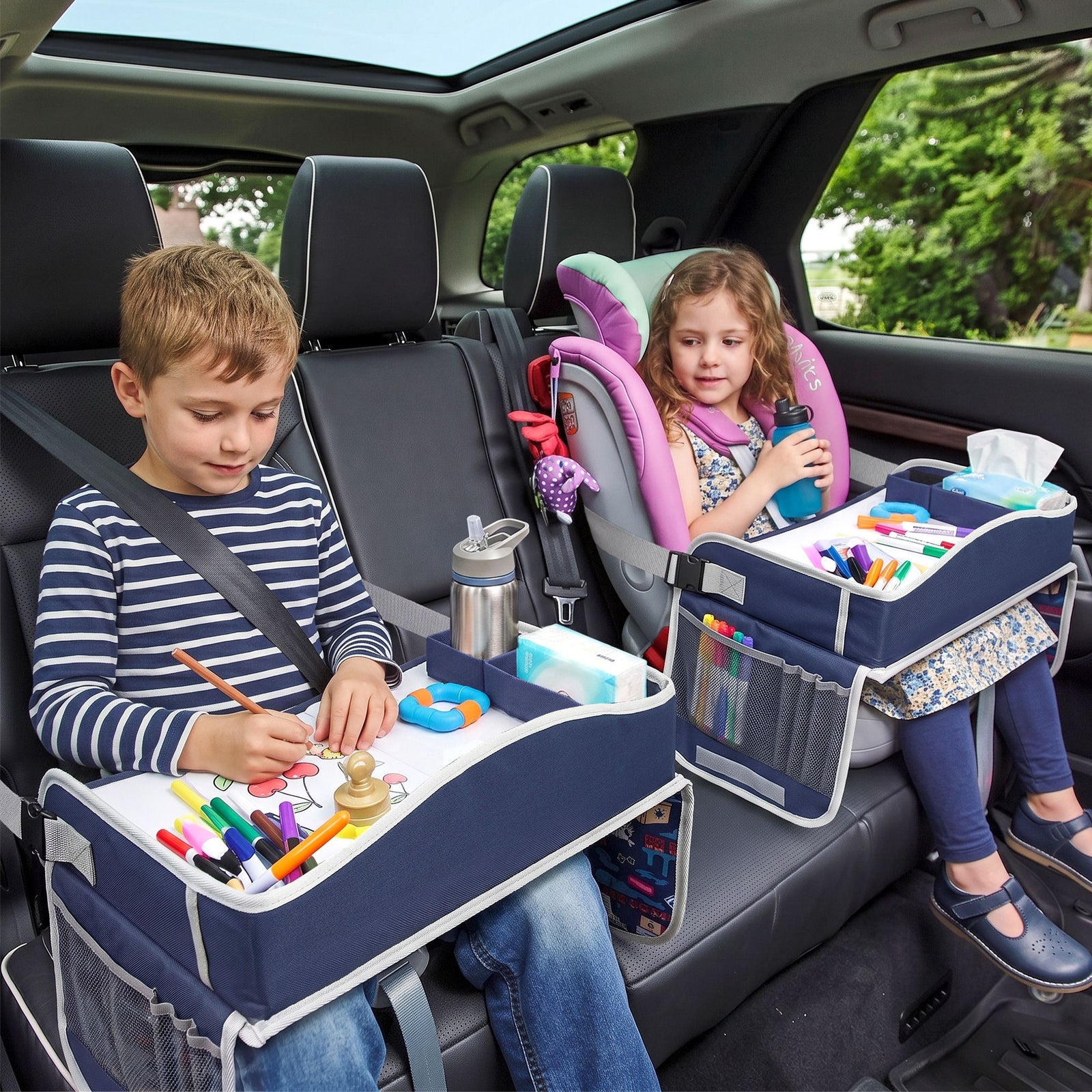 Kids Travel Tray Car Seat Lap Desk Portable Car Desk Organiser for Car & Airplane Blue