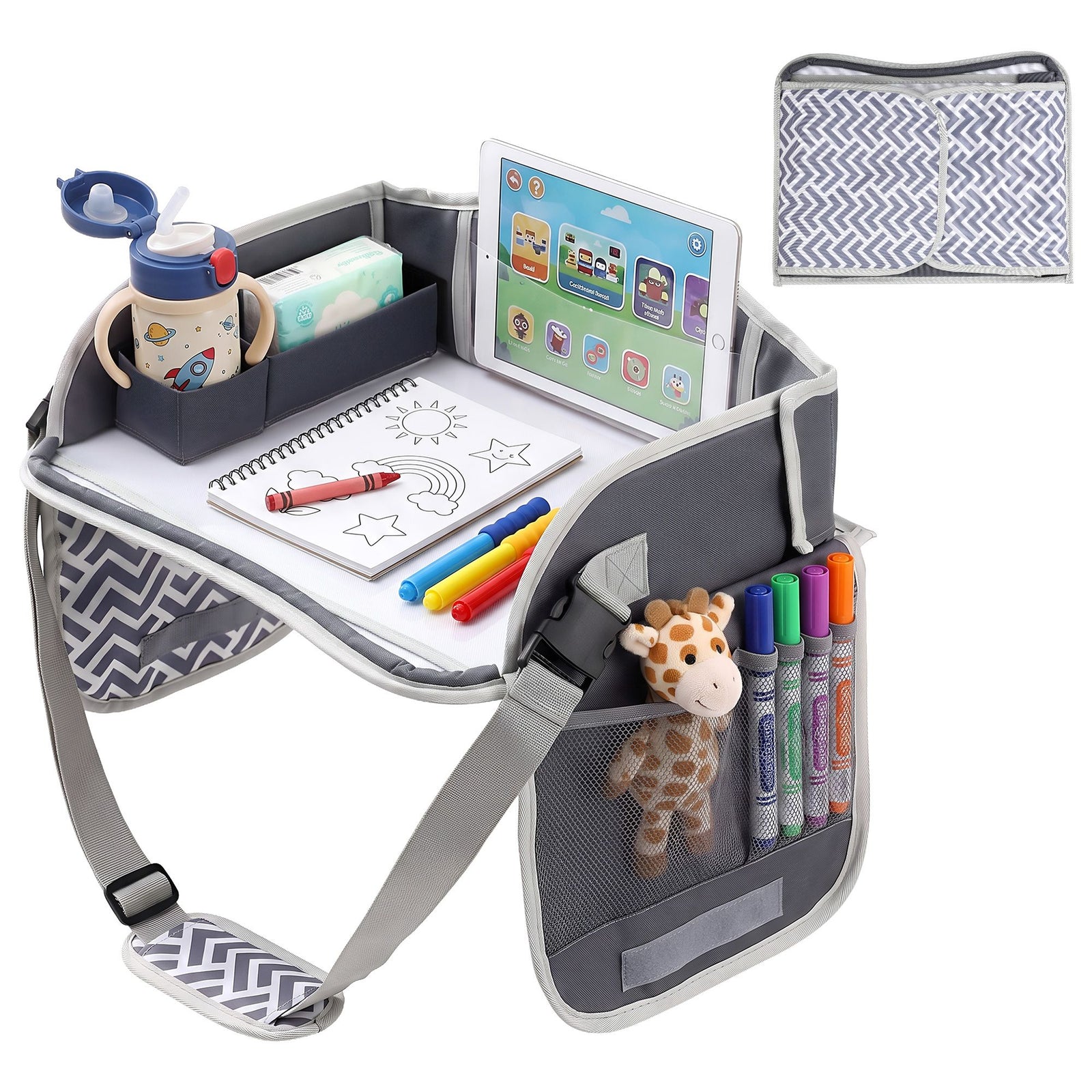 Kids Travel Tray Car Seat Lap Desk Portable Car Desk Organiser for Car & Airplane Grey