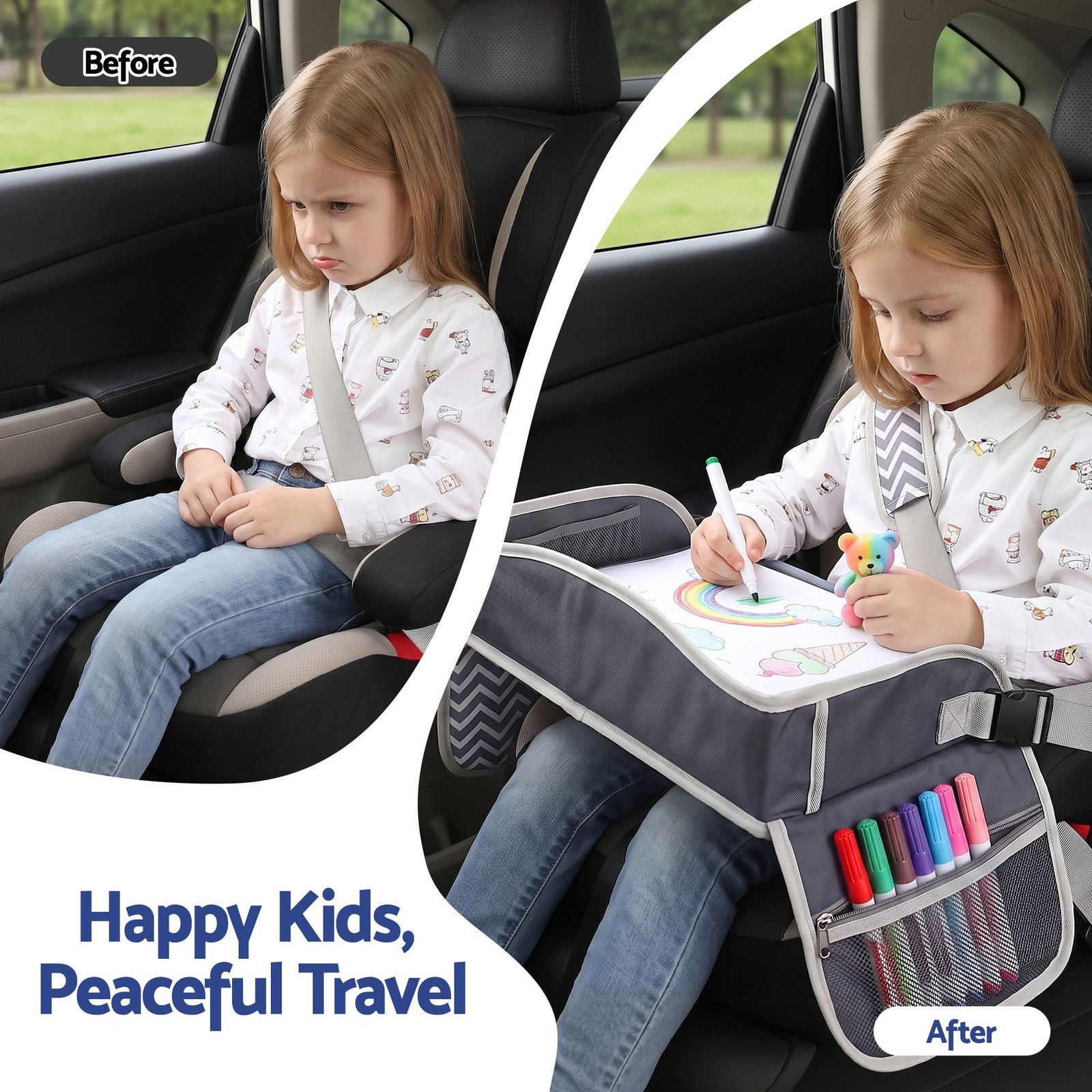 Kids Travel Tray Car Seat Lap Desk Portable Car Desk Organiser for Car & Airplane Grey