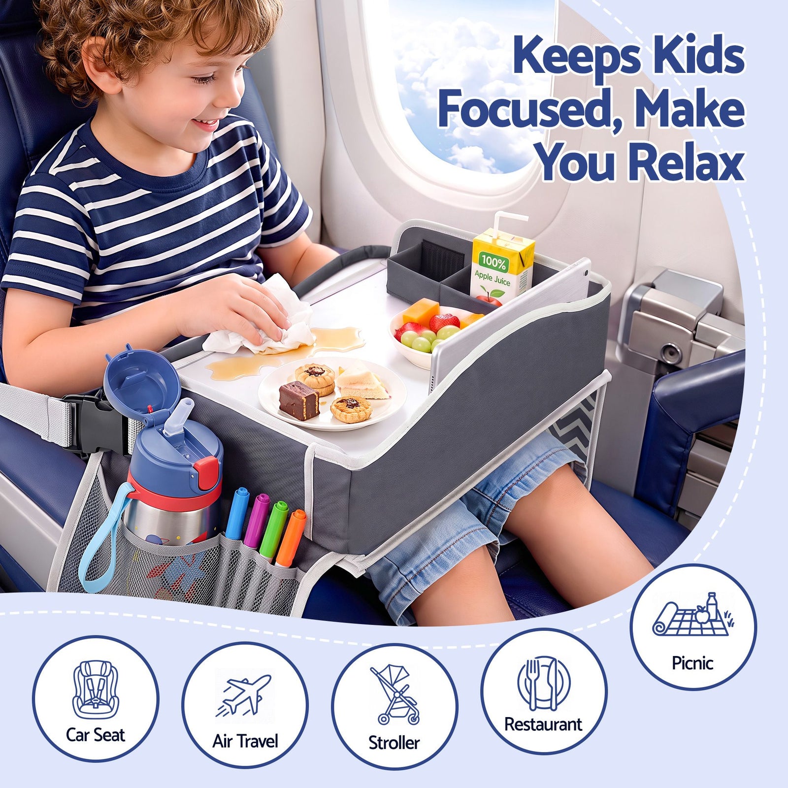 Kids Travel Tray Car Seat Lap Desk Portable Car Desk Organiser for Car & Airplane Grey