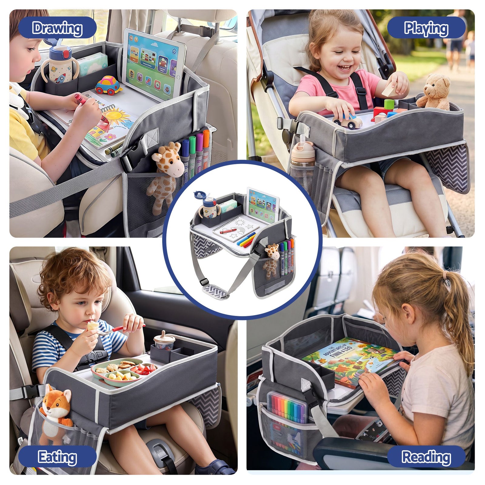 Kids Travel Tray Car Seat Lap Desk Portable Car Desk Organiser for Car & Airplane Grey