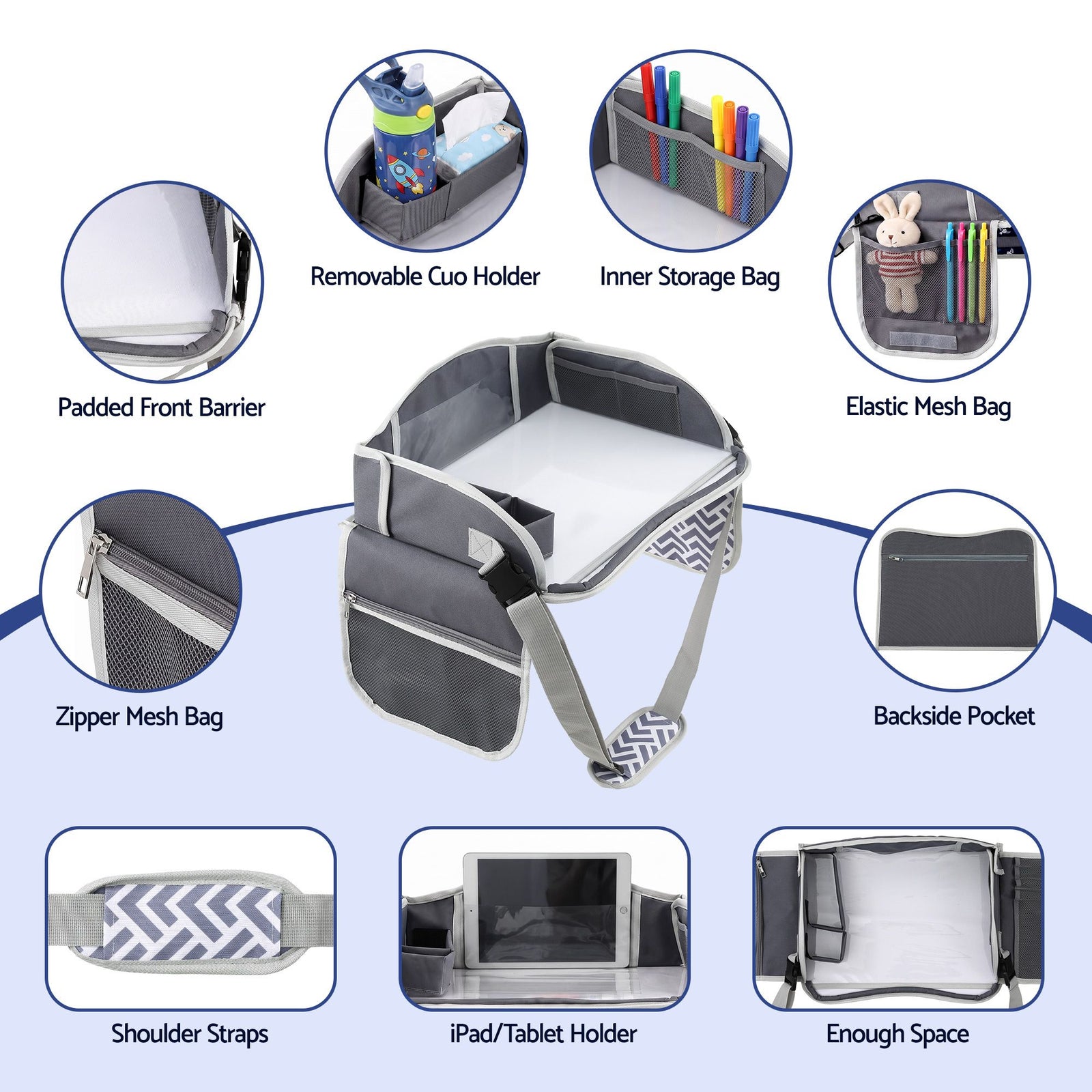 Kids Travel Tray Car Seat Lap Desk Portable Car Desk Organiser for Car & Airplane Grey