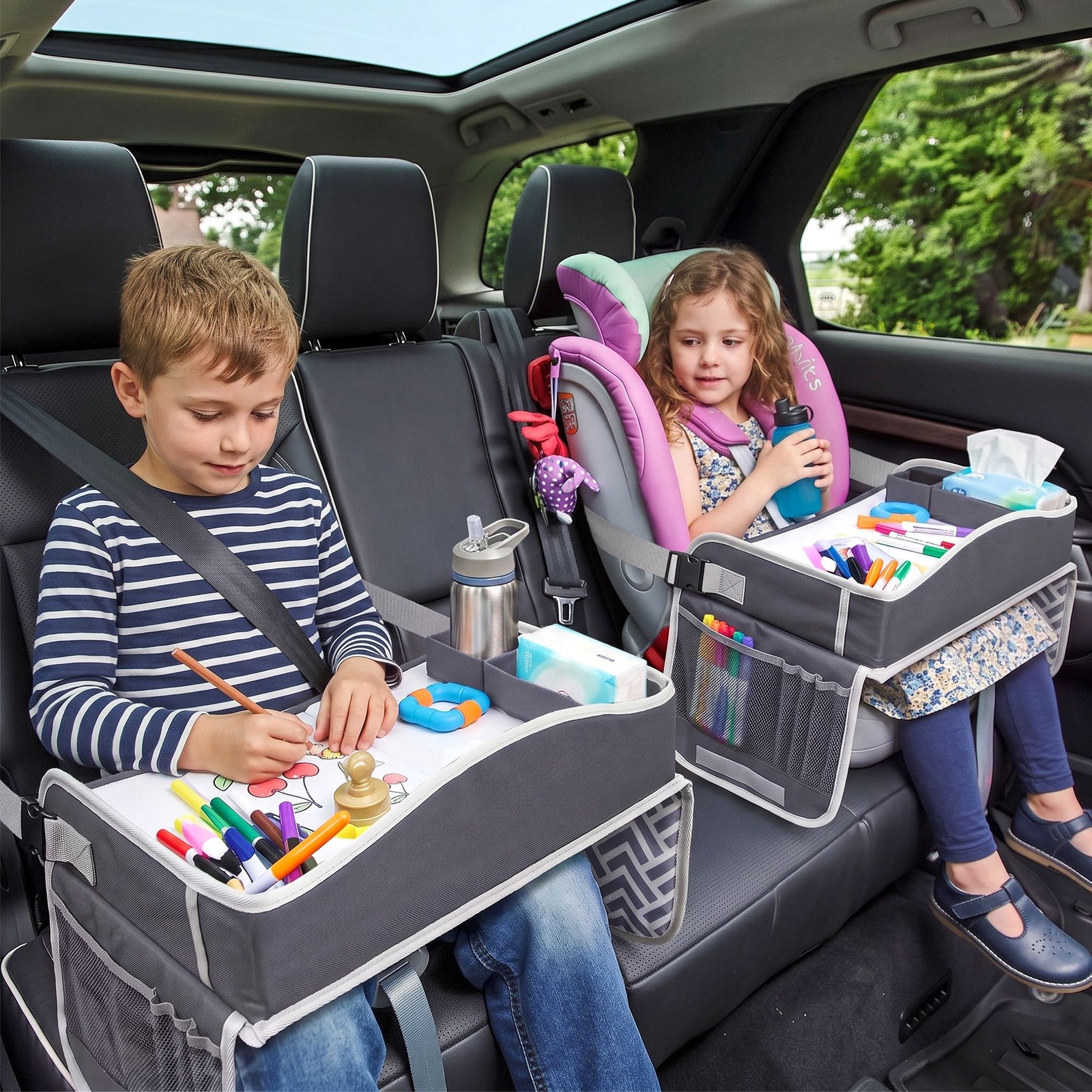 Kids Travel Tray Car Seat Lap Desk Portable Car Desk Organiser for Car & Airplane Grey
