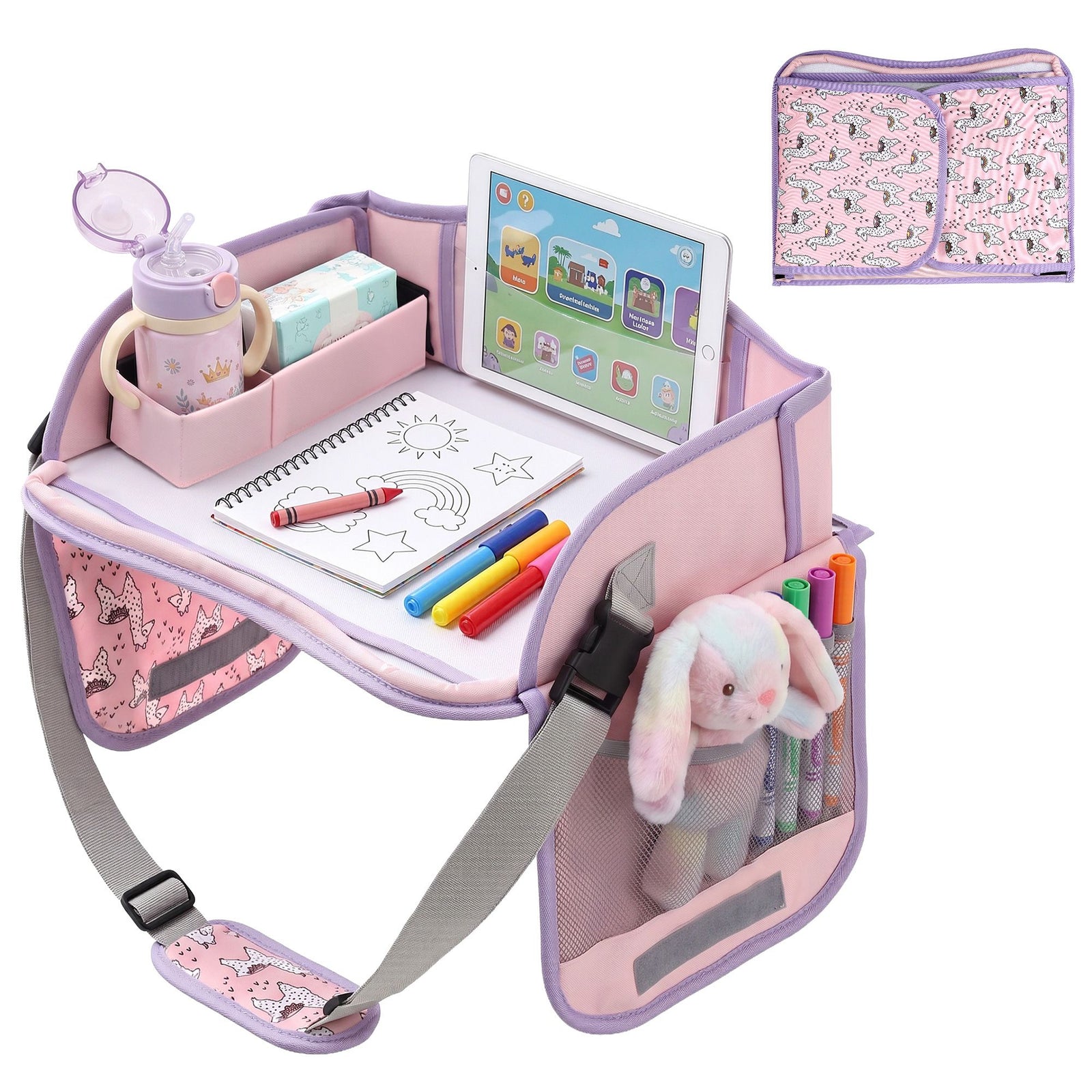 Kids Travel Tray Car Seat Lap Desk Portable Car Desk Organiser for Car & Airplane Pink