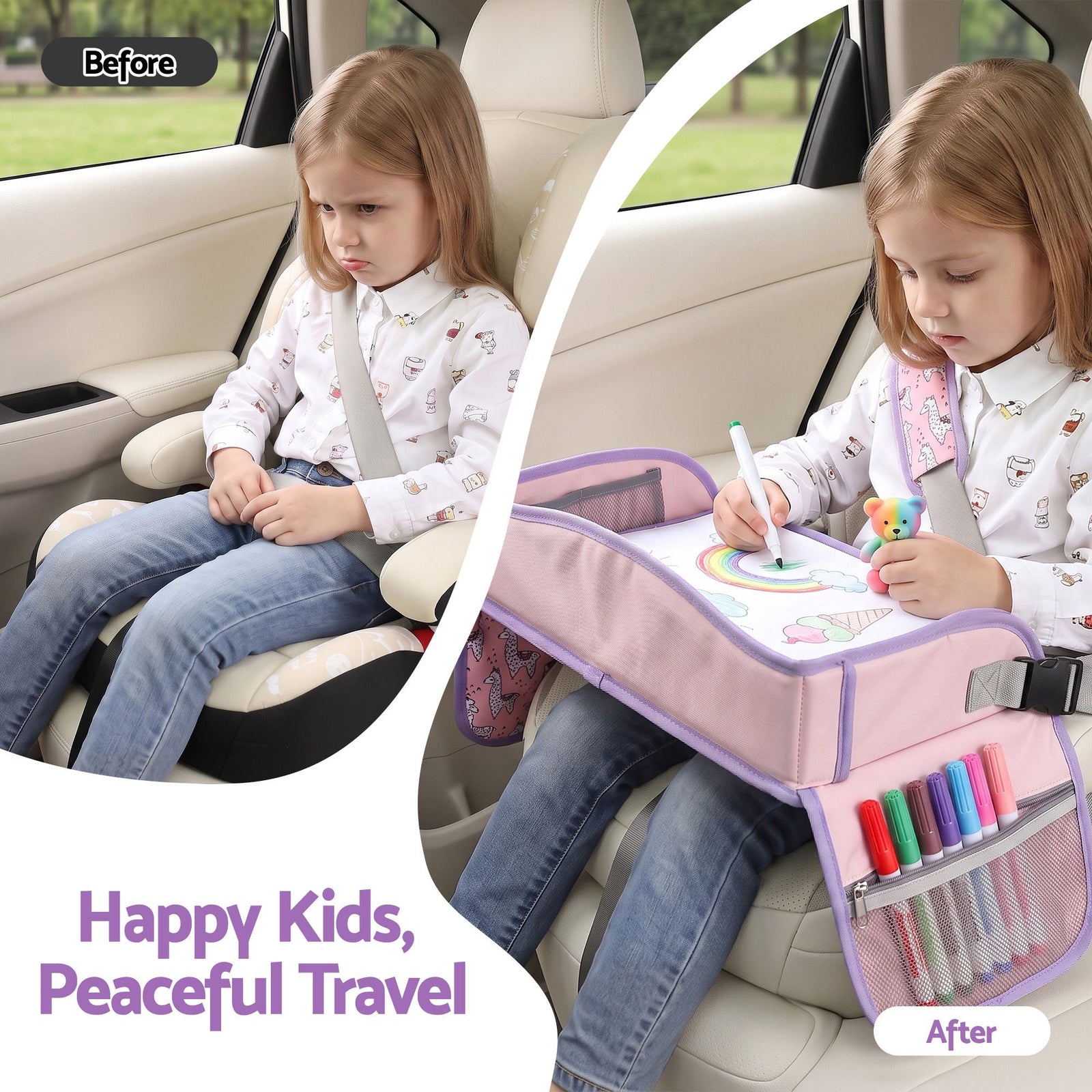 Kids Travel Tray Car Seat Lap Desk Portable Car Desk Organiser for Car & Airplane Pink