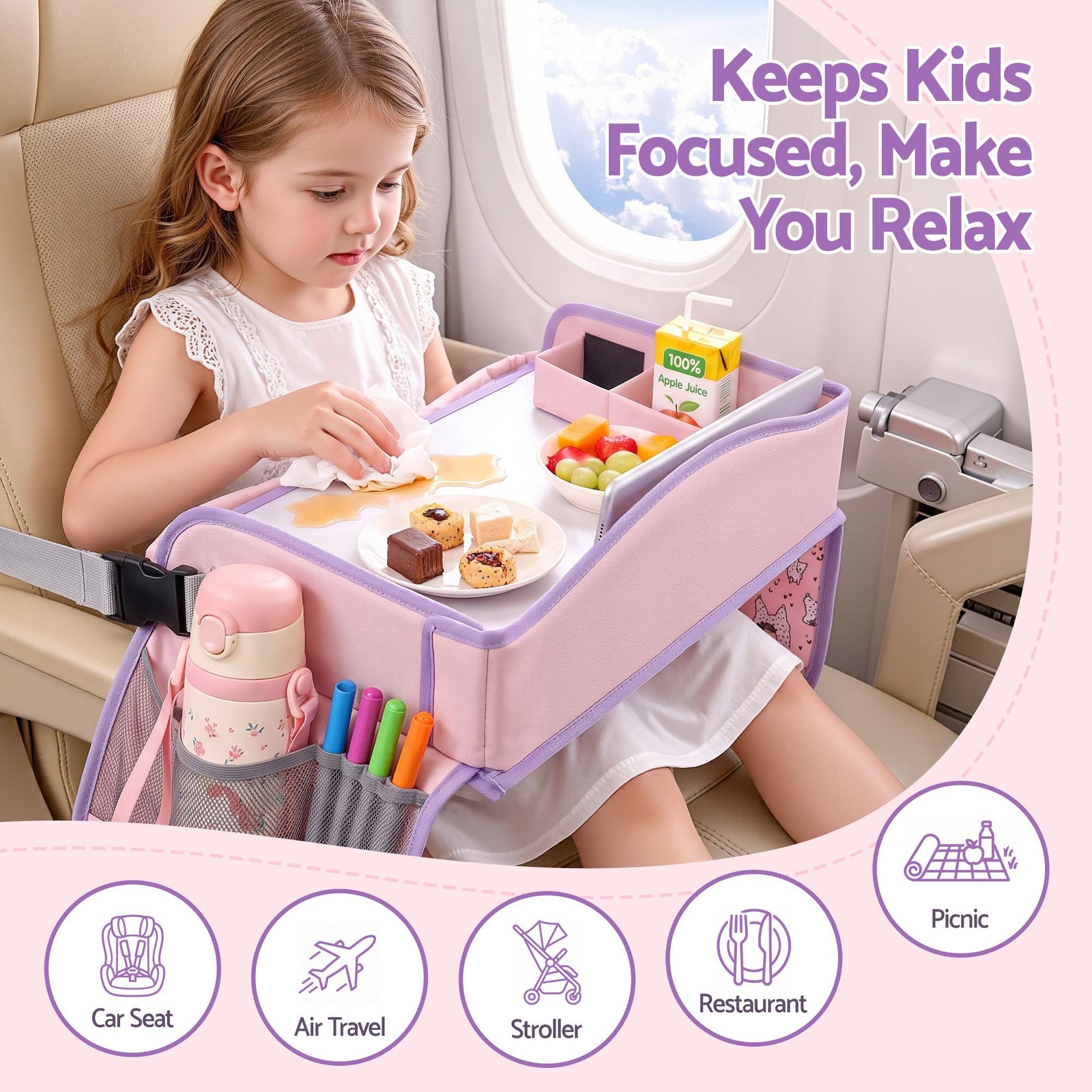 Kids Travel Tray Car Seat Lap Desk Portable Car Desk Organiser for Car & Airplane Pink