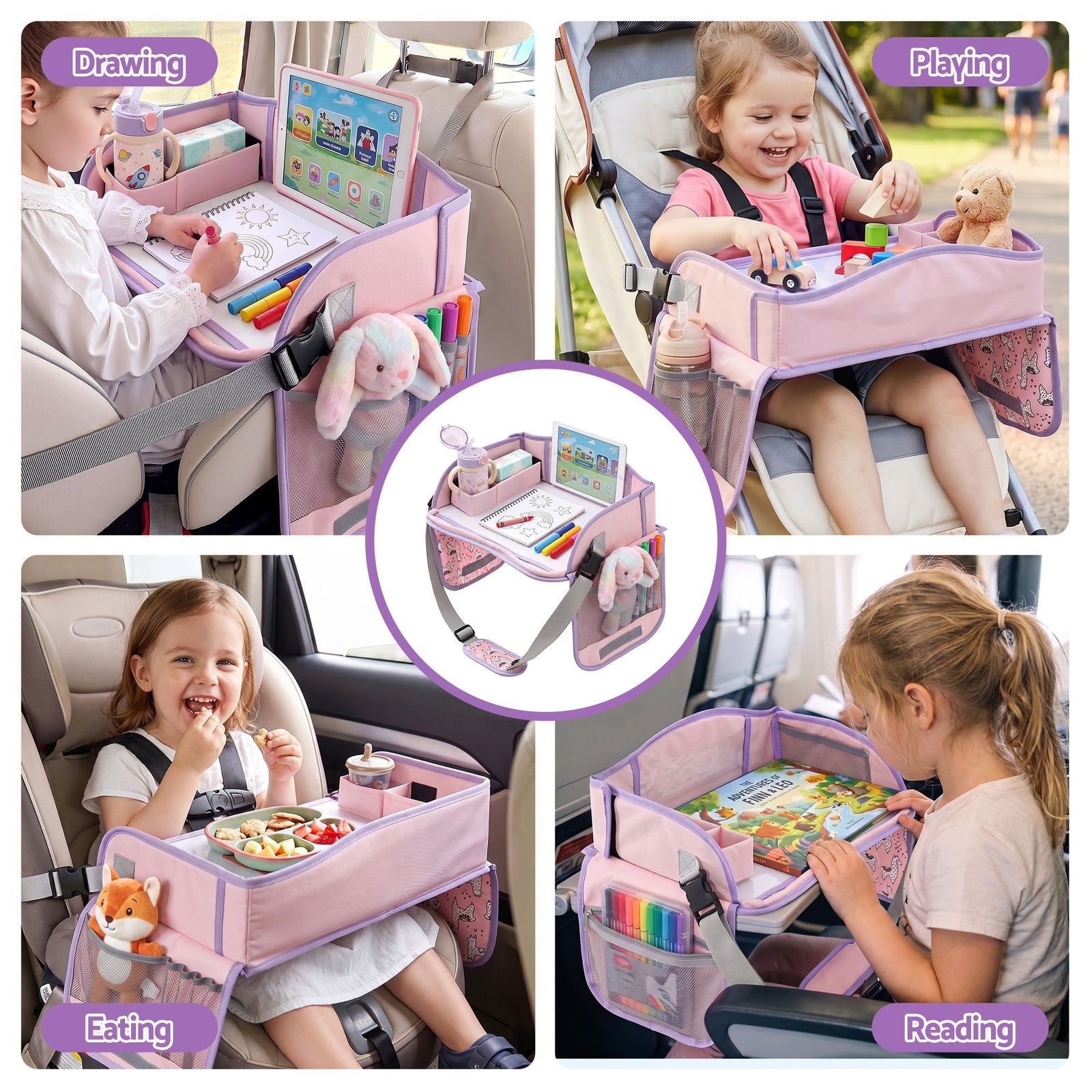 Kids Travel Tray Car Seat Lap Desk Portable Car Desk Organiser for Car & Airplane Pink