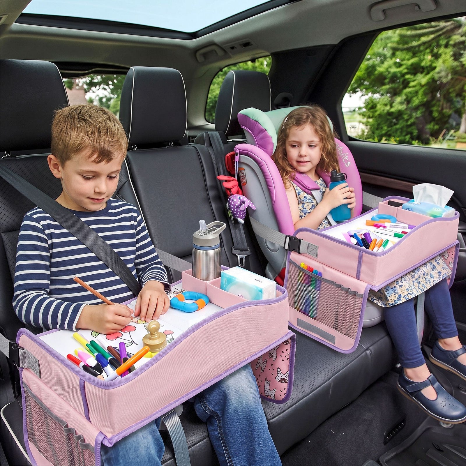 Kids Travel Tray Car Seat Lap Desk Portable Car Desk Organiser for Car & Airplane Pink