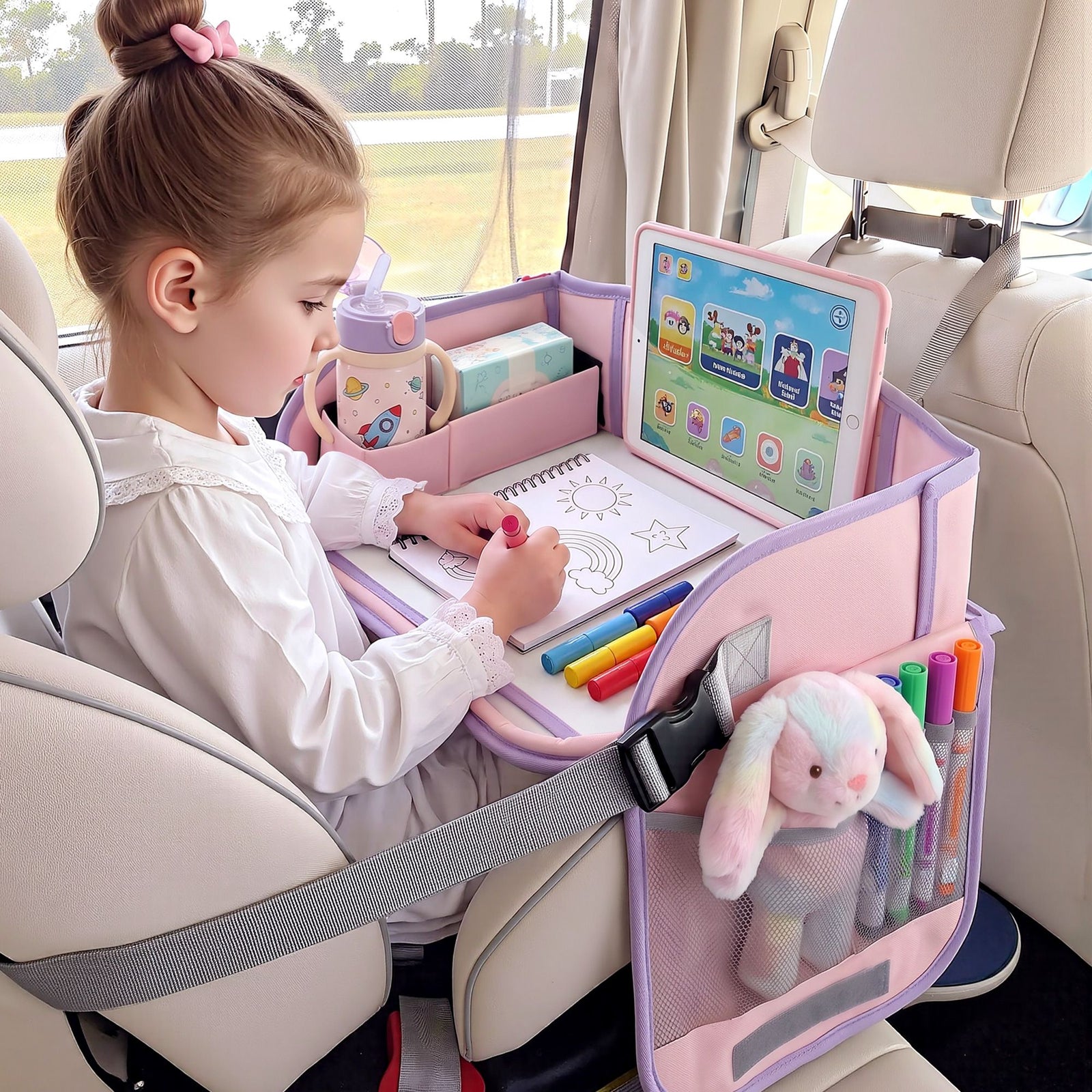Kids Travel Tray Car Seat Lap Desk Portable Car Desk Organiser for Car & Airplane Pink