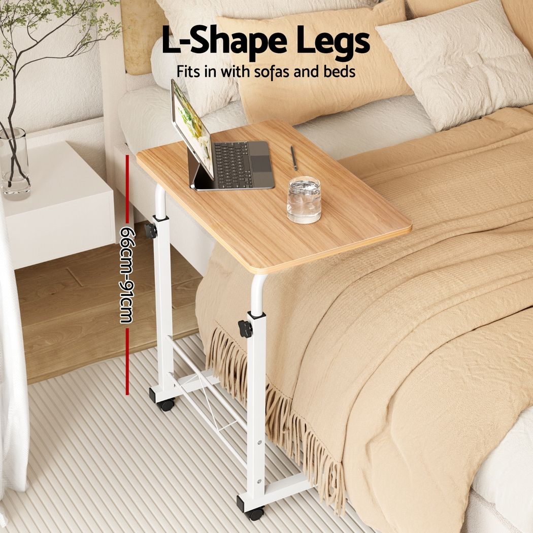 Artiss Adjustable Mobile Laptop Desk Rolling Bedside Table with Wheels Wood