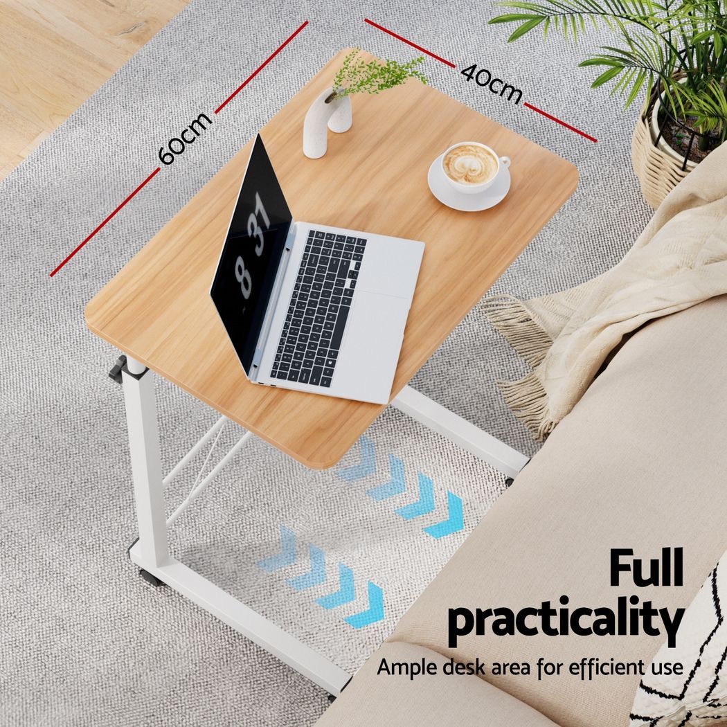 Adjustable Mobile Laptop Desk Rolling Bedside Table with Wheels Wood