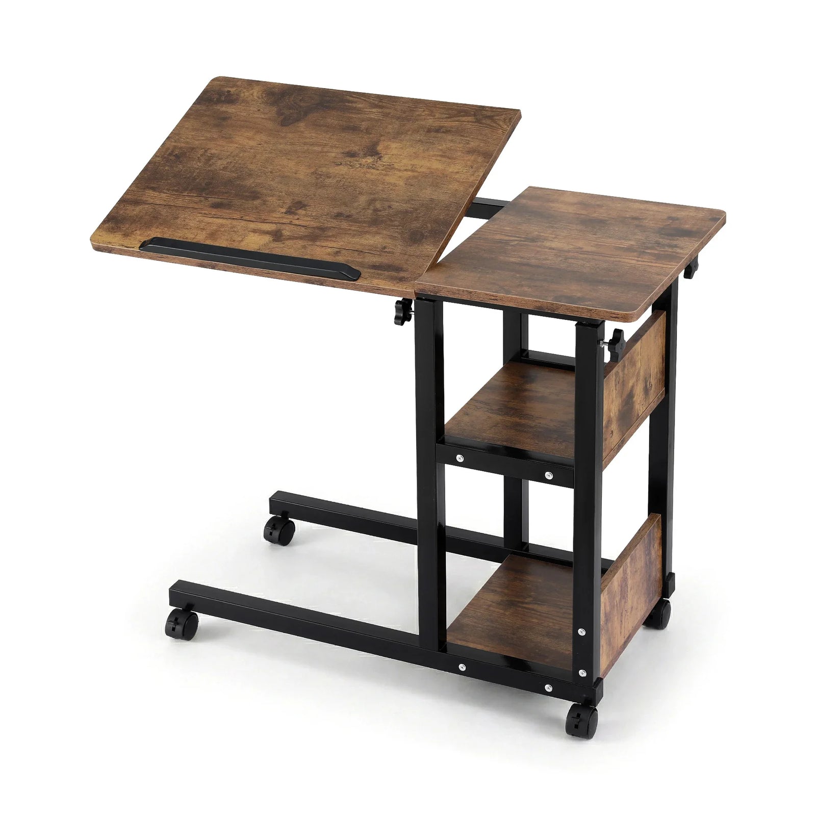 Adjustable Laptop Desk – Tiltable C‑Shape Table, Wheels, 80cm, Rustic Brown
