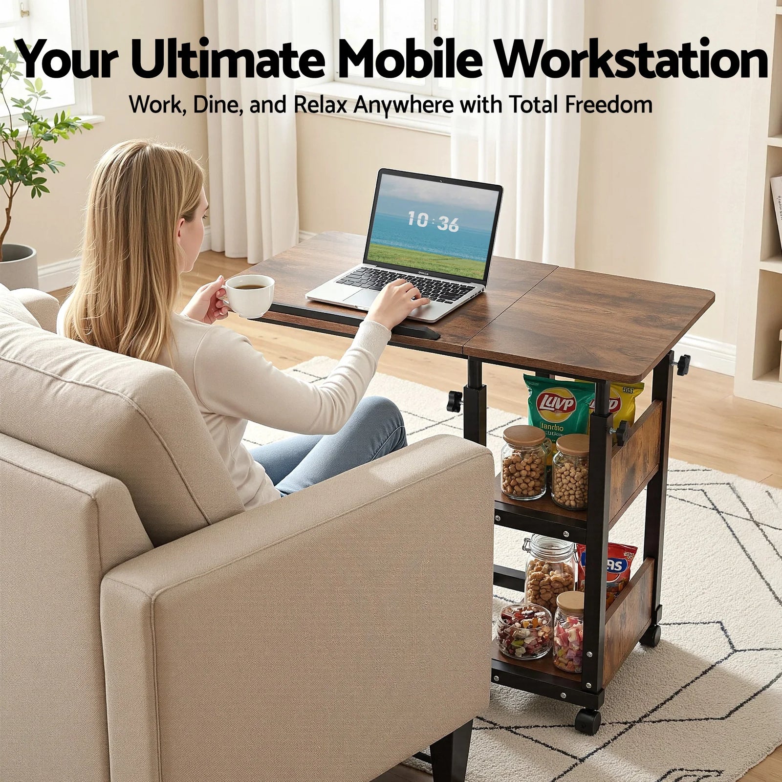 Adjustable Laptop Desk – Tiltable C‑Shape Table, Wheels, 80cm, Rustic Brown