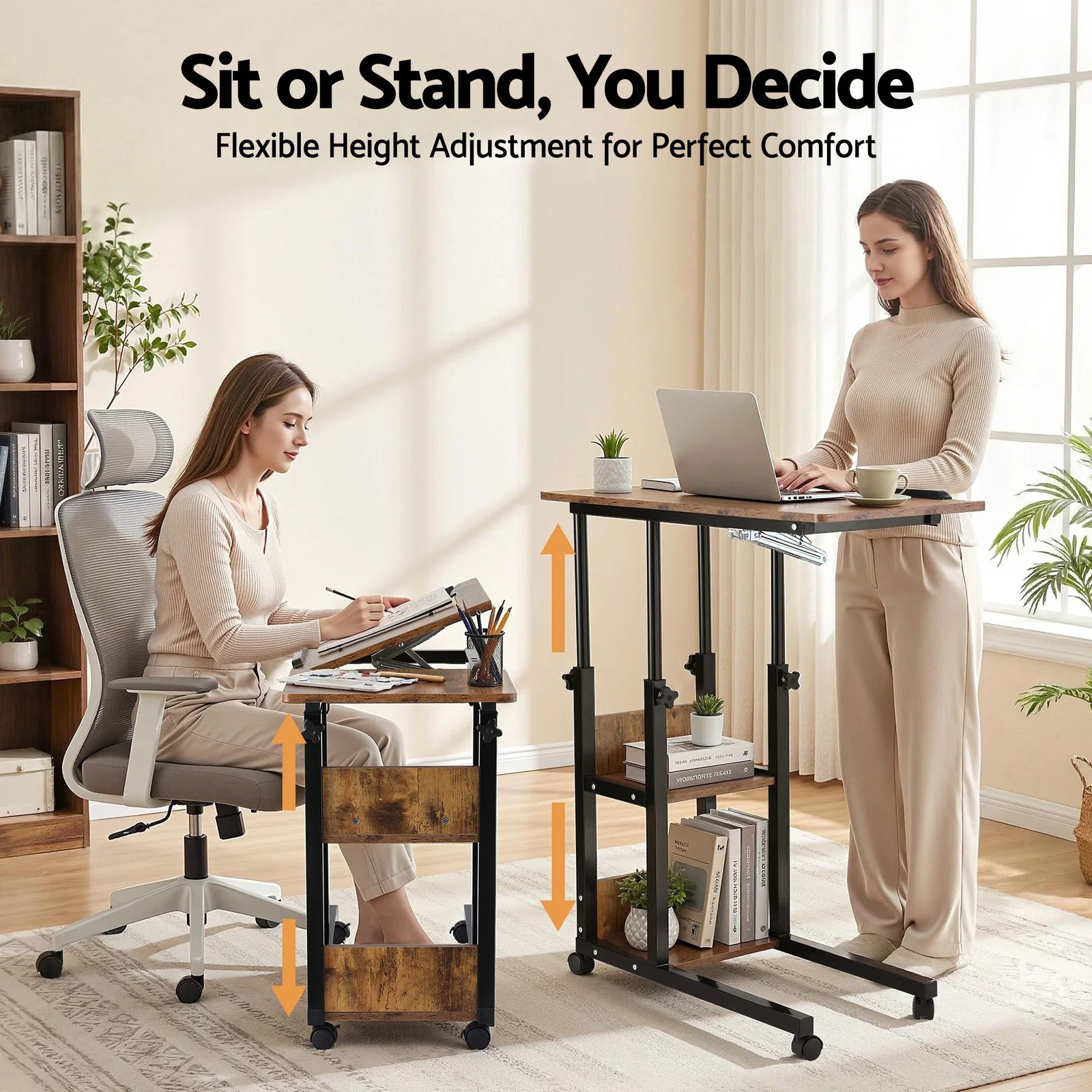 Adjustable Laptop Desk – Tiltable C‑Shape Table, Wheels, 80cm, Rustic Brown