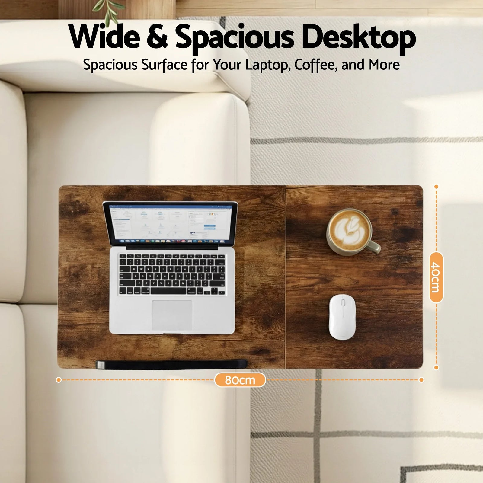 Adjustable Laptop Desk – Tiltable C‑Shape Table, Wheels, 80cm, Rustic Brown