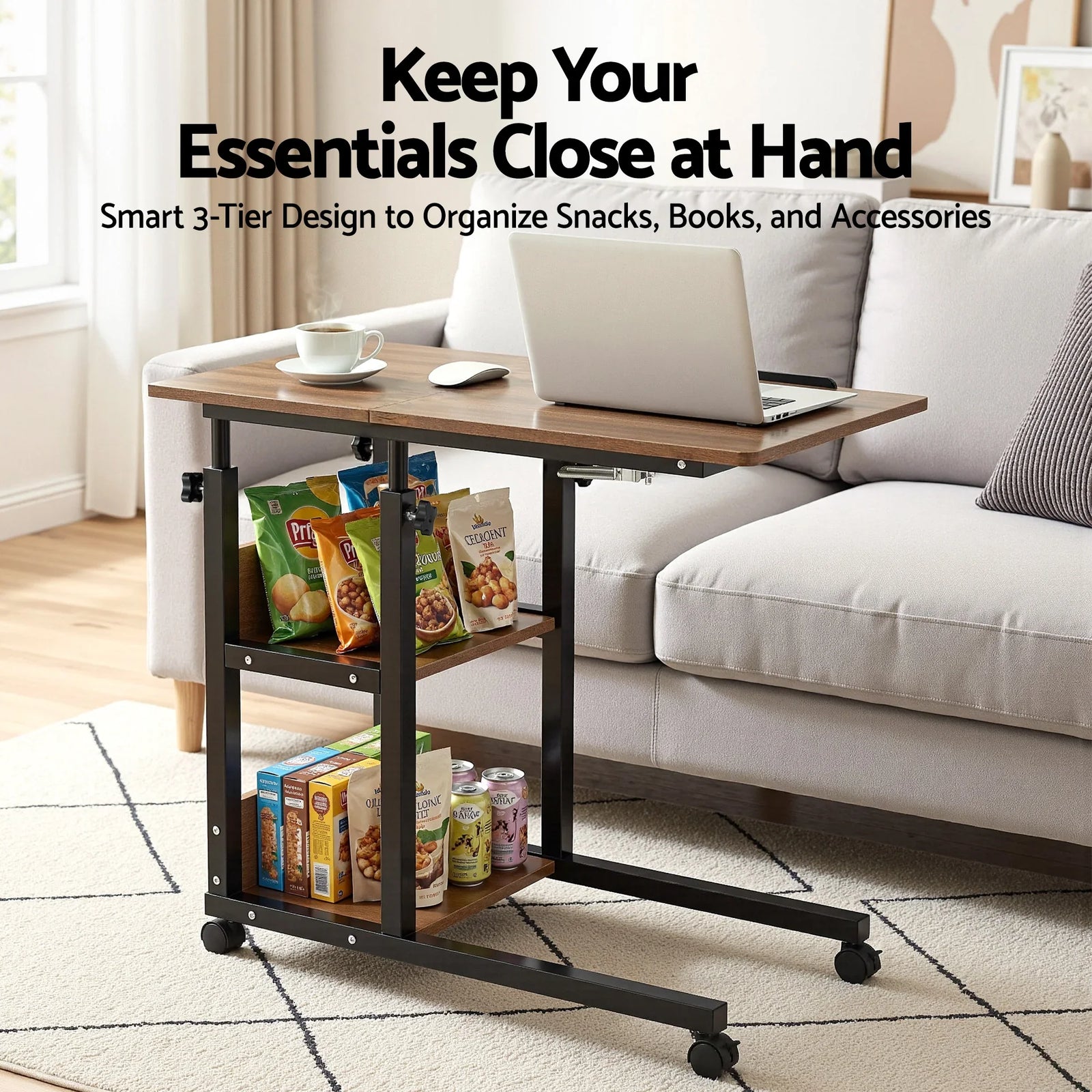 Adjustable Laptop Desk – Tiltable C‑Shape Table, Wheels, 80cm, Rustic Brown