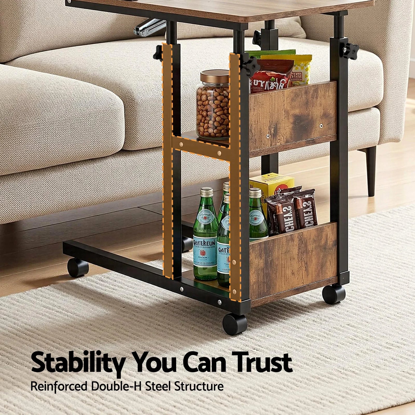 Adjustable Laptop Desk – Tiltable C‑Shape Table, Wheels, 80cm, Rustic Brown