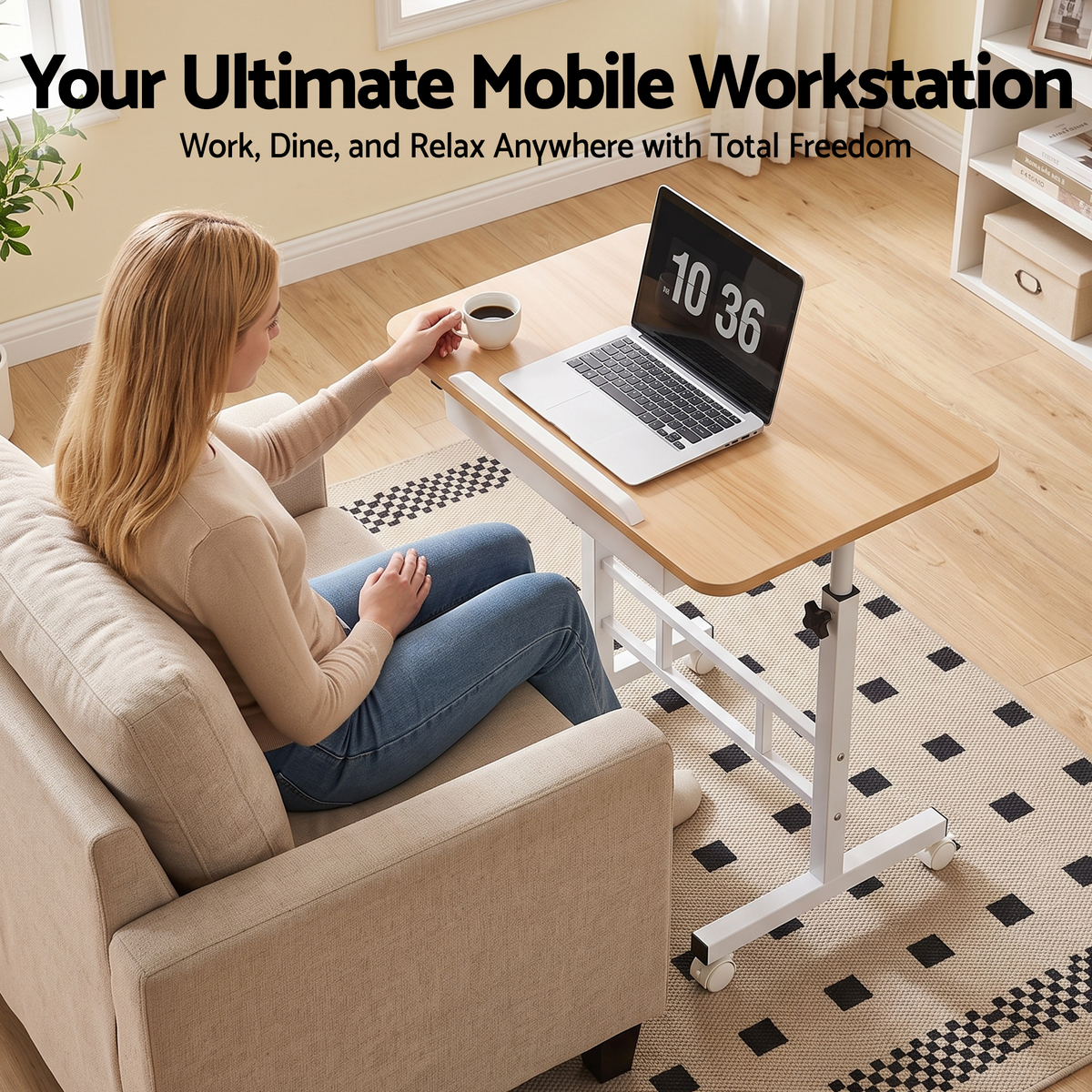 Artiss Adjustable Laptop Desk 60x40cm, Mobile Bedside Table with Storage, Wood