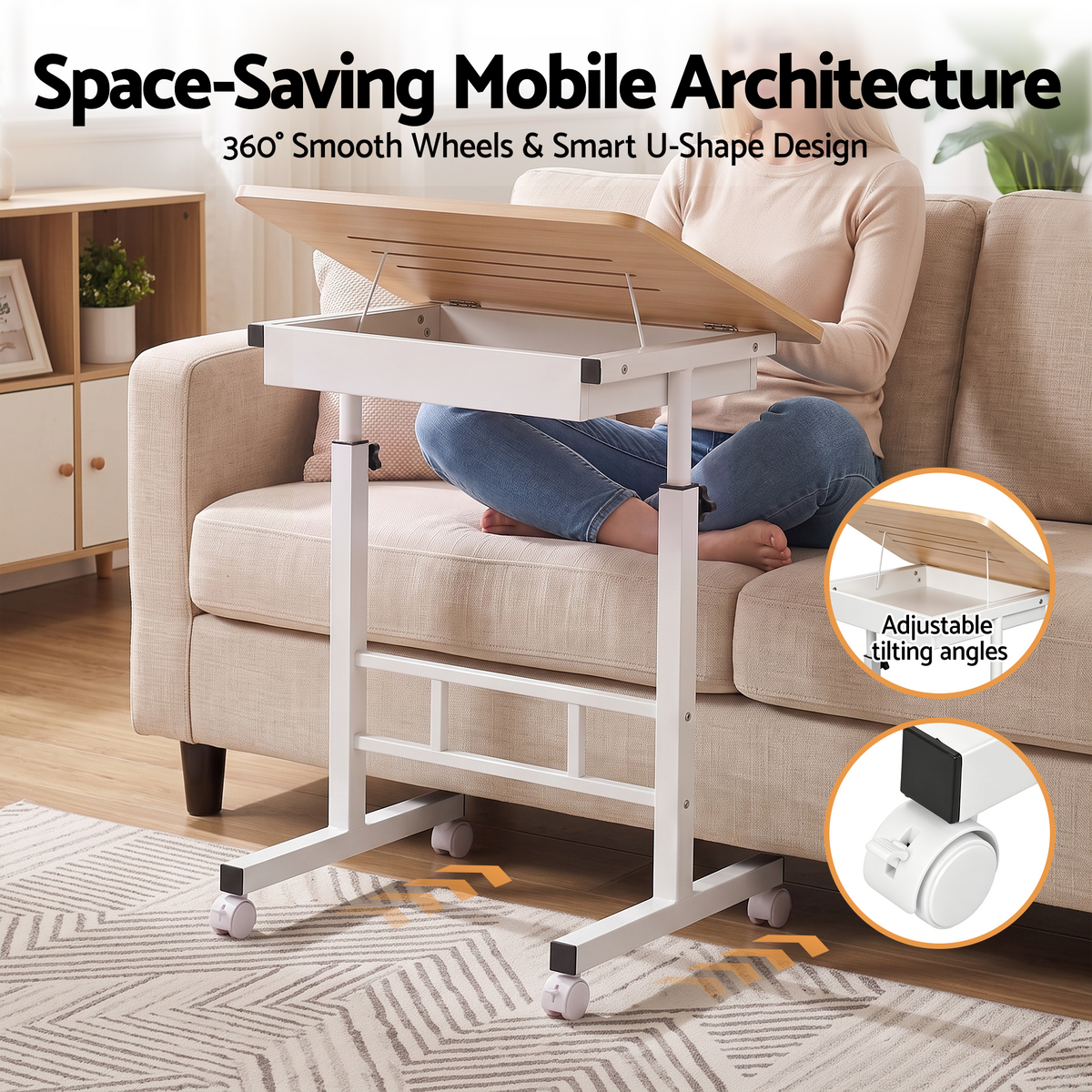 Artiss Adjustable Laptop Desk 60x40cm, Mobile Bedside Table with Storage, Wood