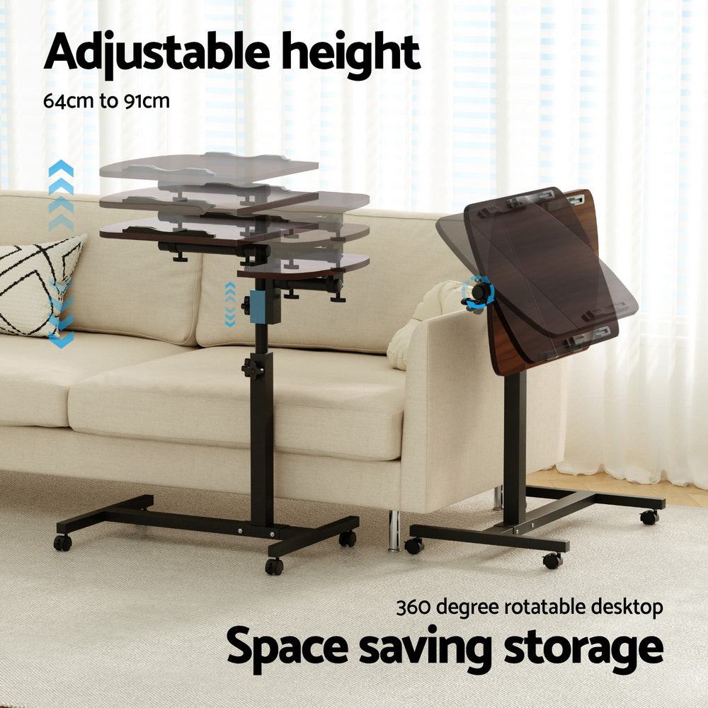 Artiss Mobile Laptop Desk Adjustable Height Rolling Stand Walnut Bed Table