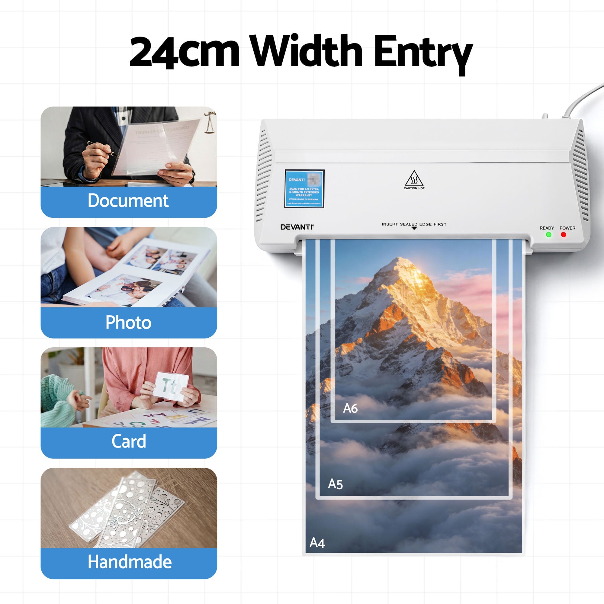 A4 Laminator Machine, Hot & Cold Thermal Fast Lamination Anti-Jam Laminator for Office School Home Document Photo Card Handmade A4 A5 A6, White