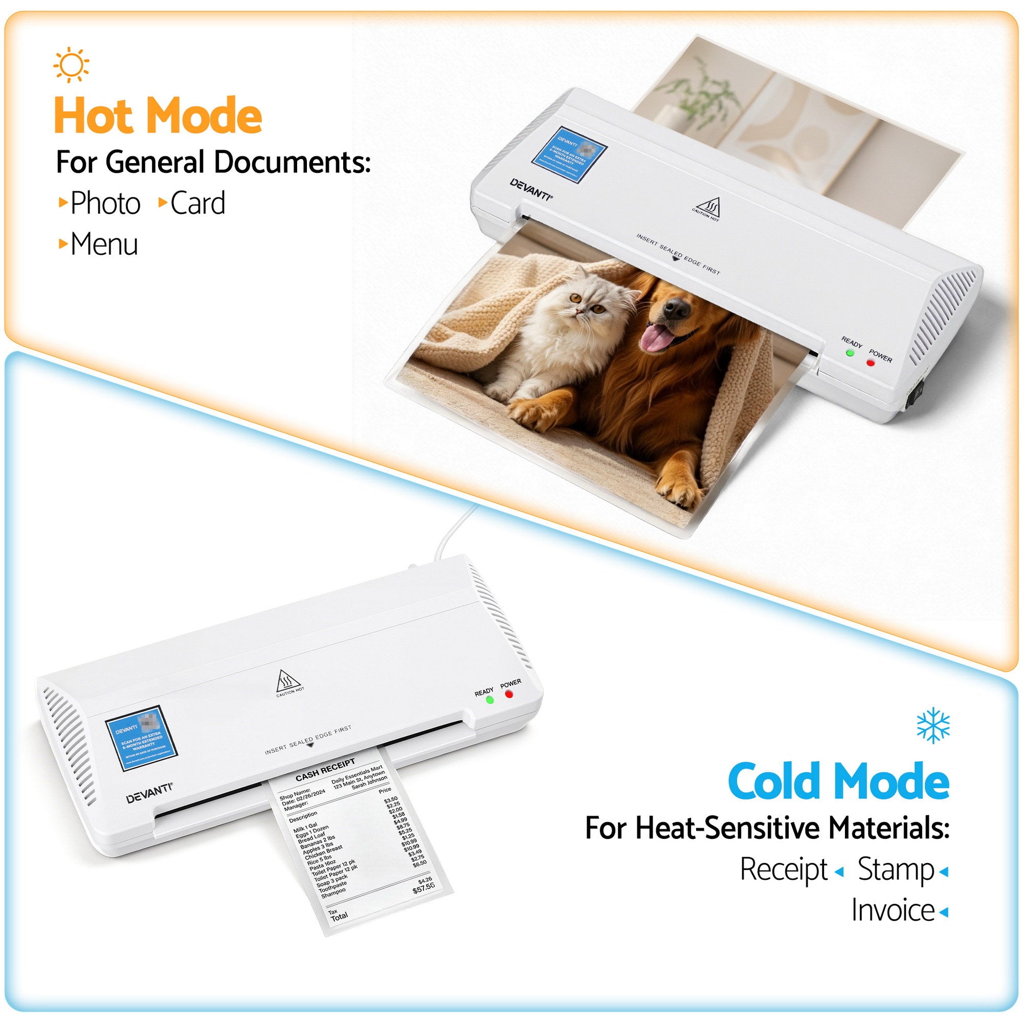 A4 Laminator Machine, Hot & Cold Thermal Fast Lamination Anti-Jam Laminator for Office School Home Document Photo Card Handmade A4 A5 A6, White