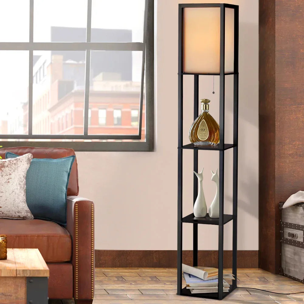 Shelf Floor Lamp – 3‑Tier Storage, Vintage Black, Linen Shade, 160cm