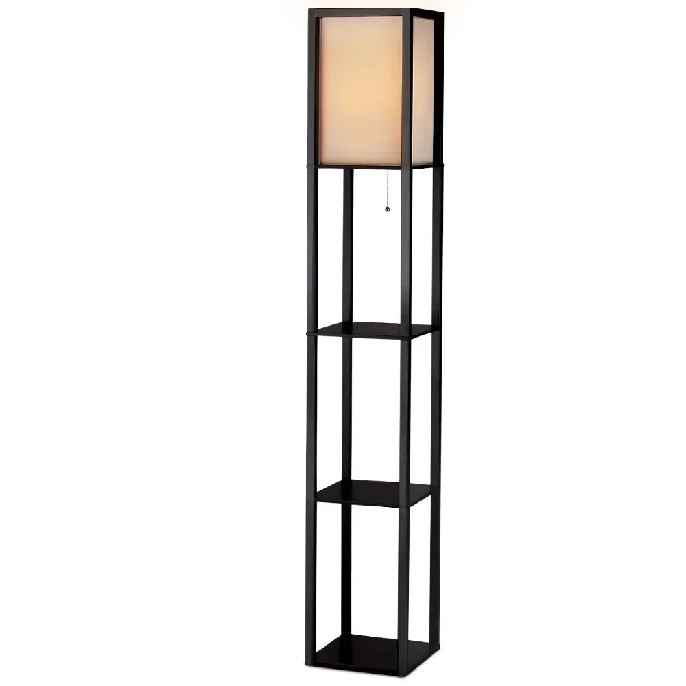 Shelf Floor Lamp – 3‑Tier Storage, Vintage Black, Linen Shade, 160cm