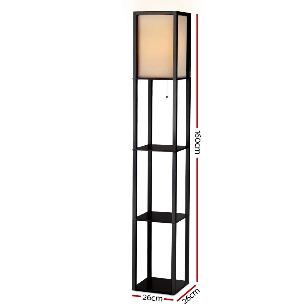 Shelf Floor Lamp – 3‑Tier Storage, Vintage Black, Linen Shade, 160cm