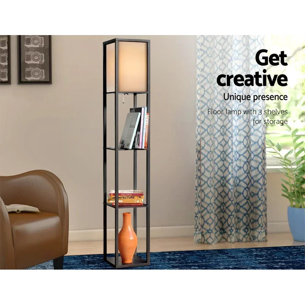Shelf Floor Lamp – 3‑Tier Storage, Vintage Black, Linen Shade, 160cm