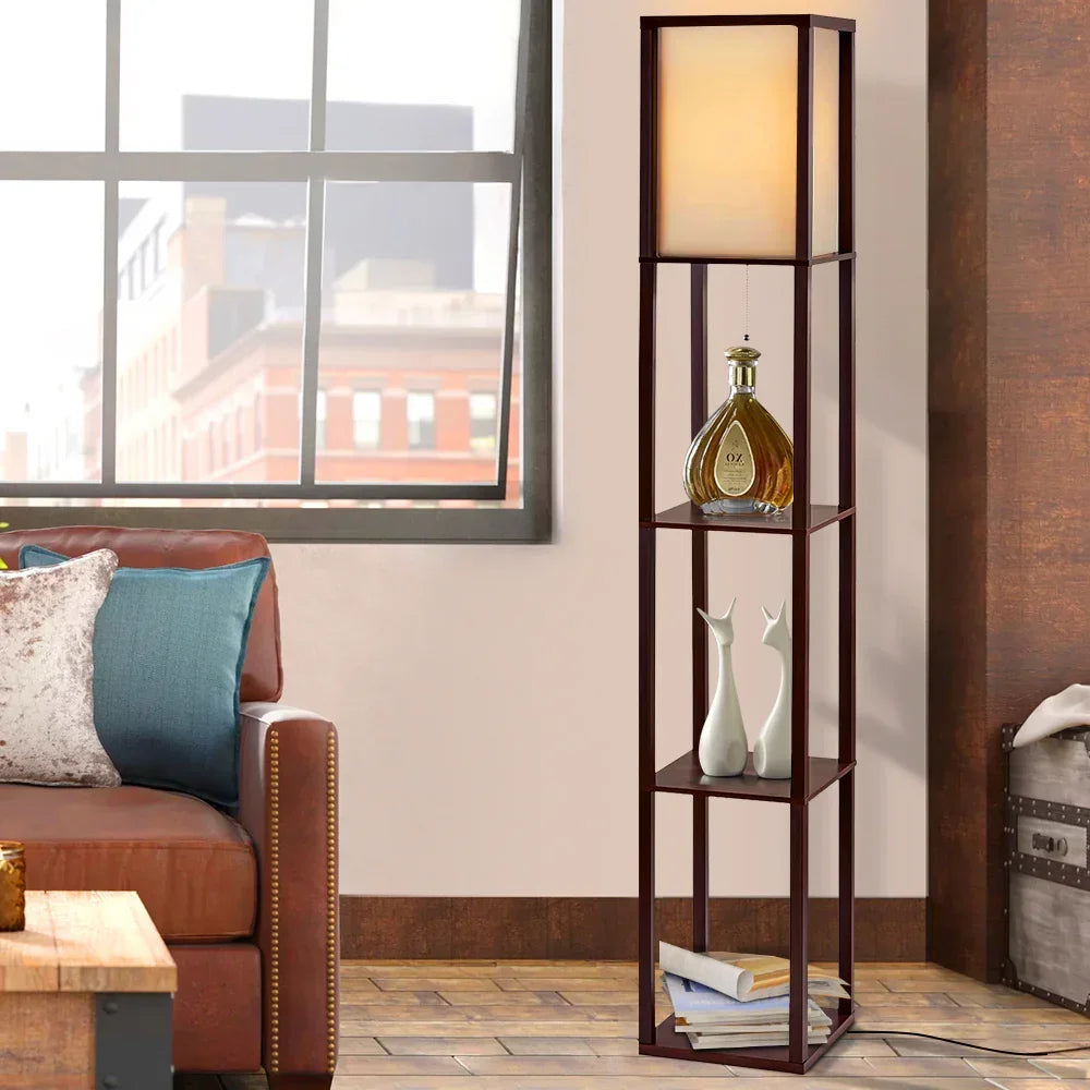 Shelf Floor Lamp with Storage Shelves Vintage LED Corner Light Brown