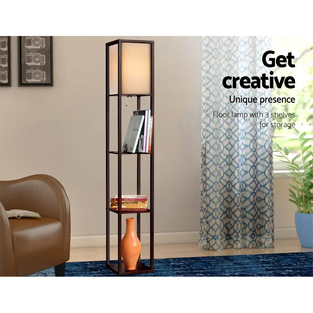 Shelf Floor Lamp with Storage Shelves Vintage LED Corner Light Brown