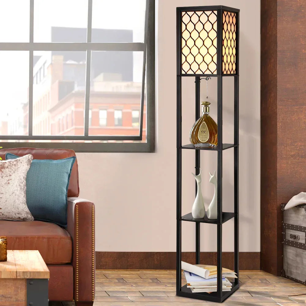 Shelf Floor Lamp – 3‑Tier Storage, Vintage Black, Fabric Shade, 160cm