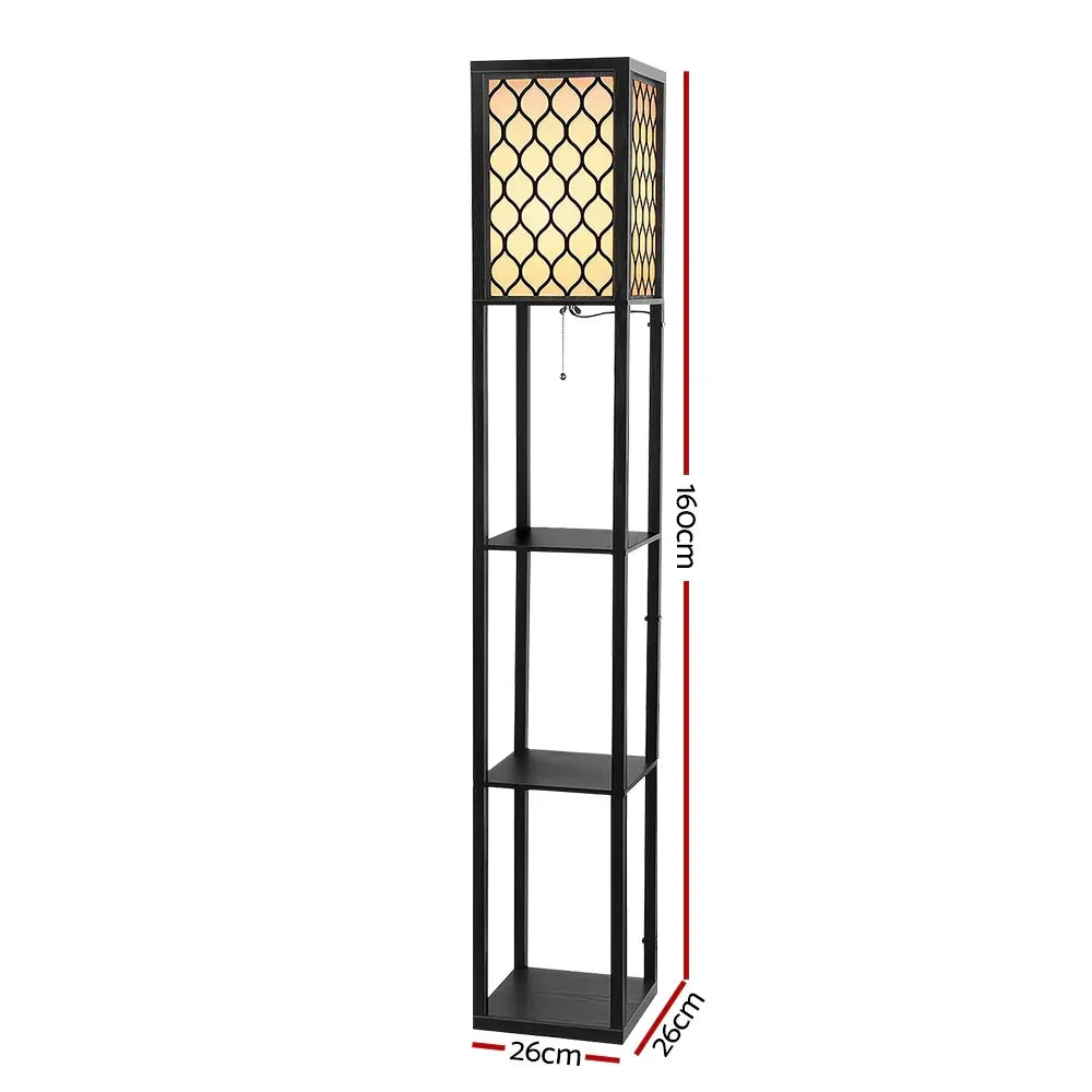 Shelf Floor Lamp – 3‑Tier Storage, Vintage Black, Fabric Shade, 160cm