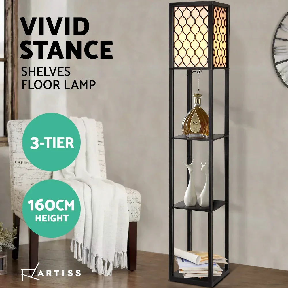 Shelf Floor Lamp – 3‑Tier Storage, Vintage Black, Fabric Shade, 160cm