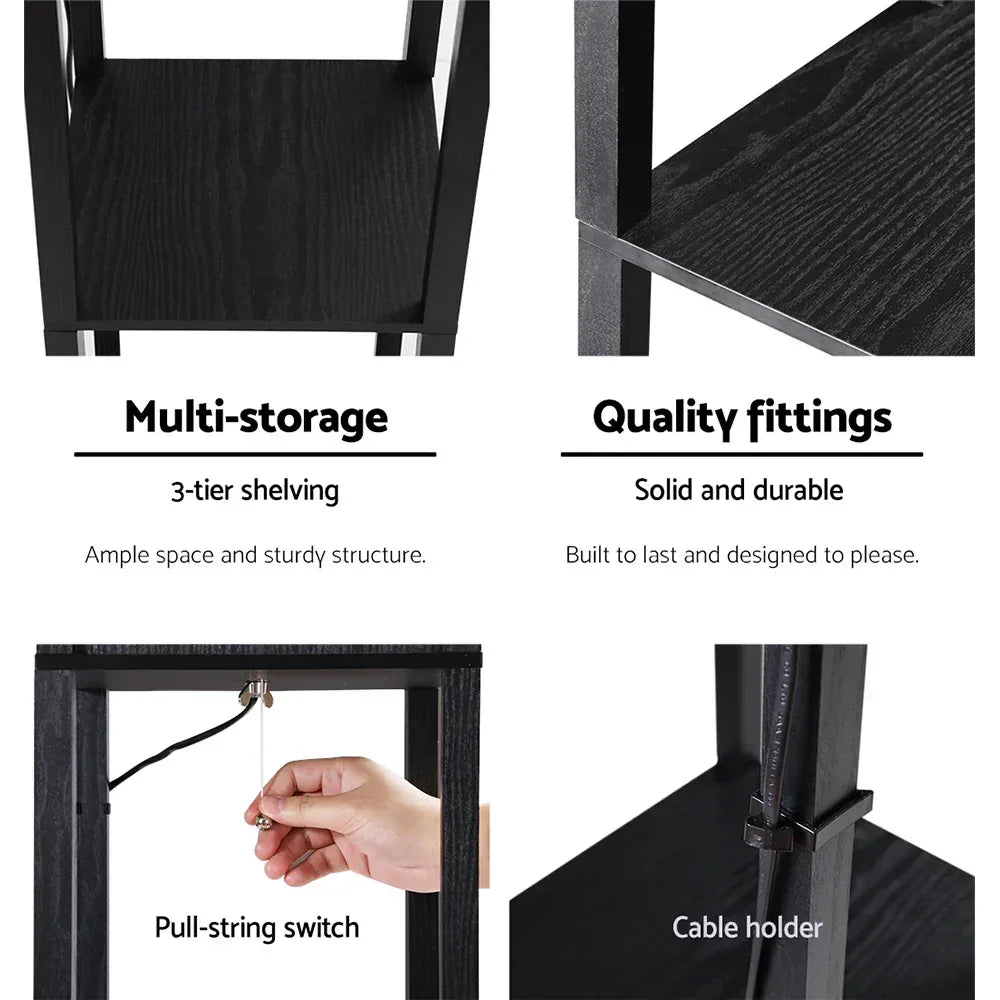 Shelf Floor Lamp – 3‑Tier Storage, Vintage Black, Fabric Shade, 160cm