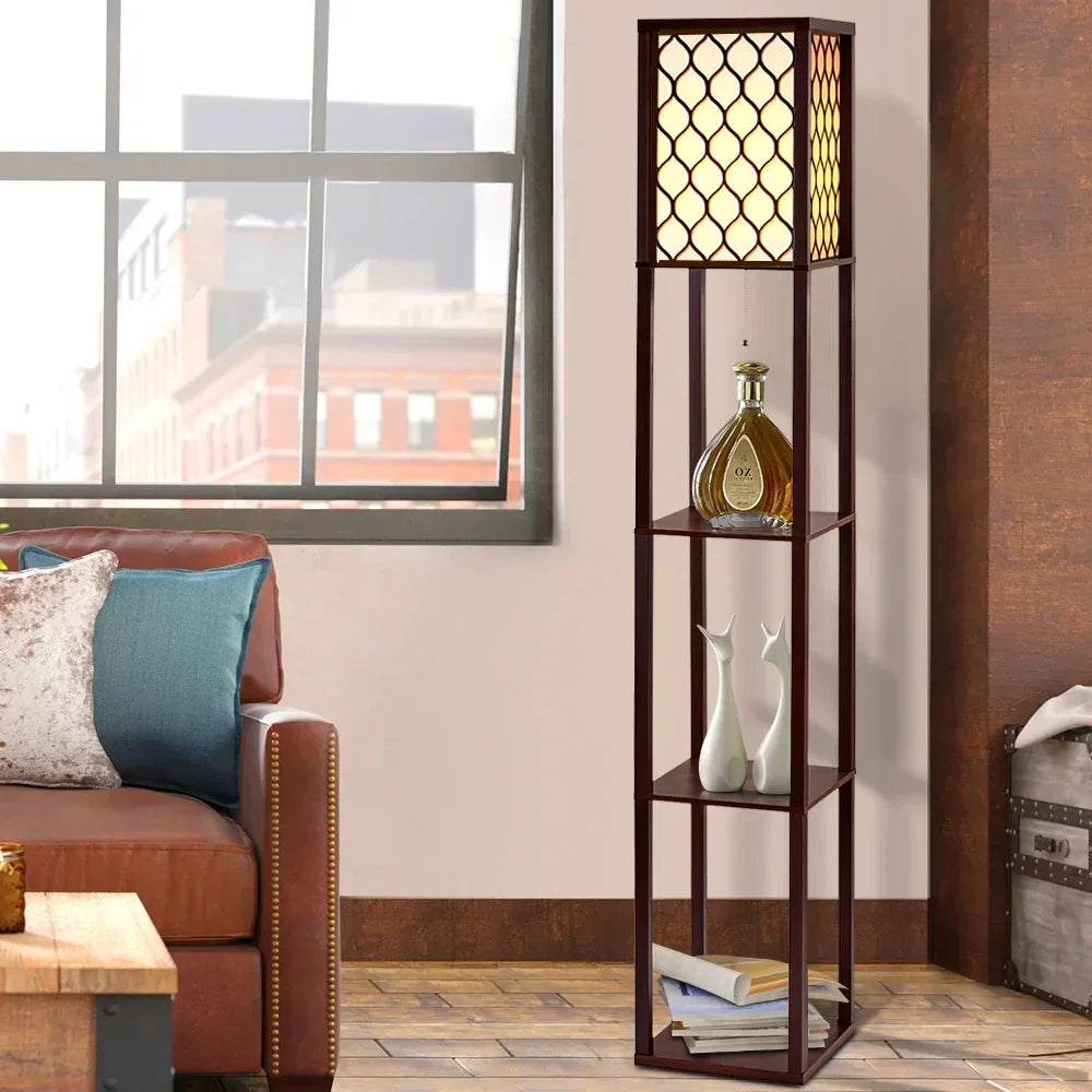 Shelf Floor Lamp with Storage 3 Tier Vintage Floor Light Brown