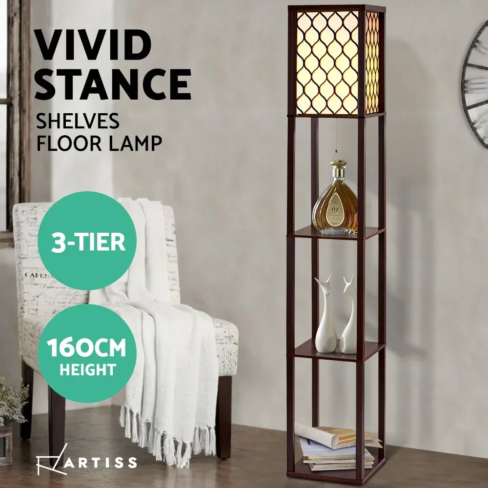 Shelf Floor Lamp with Storage 3 Tier Vintage Floor Light Brown