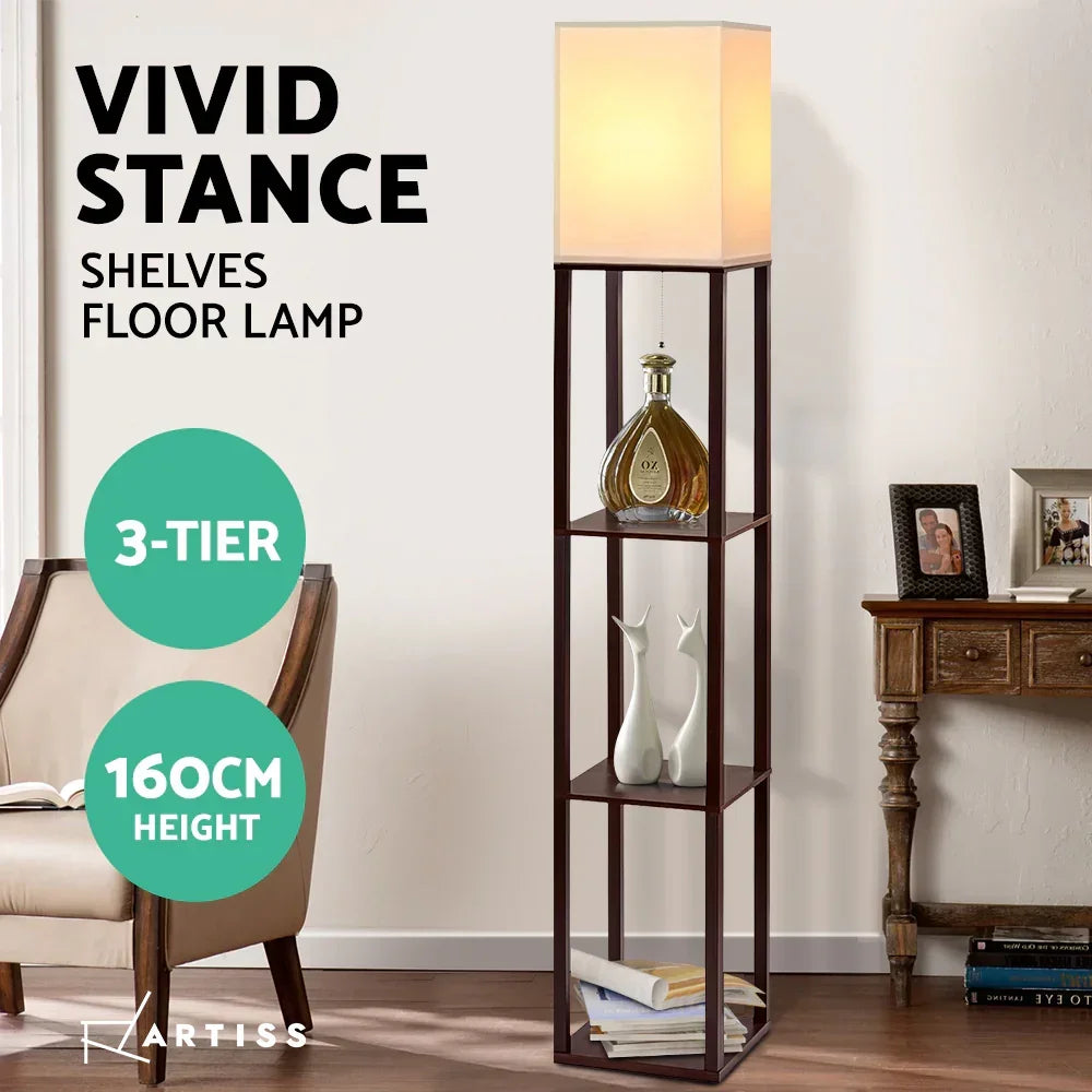 Shelf Floor Lamp with Storage Shelves 160cm Vintage Standing Light Walnut E27