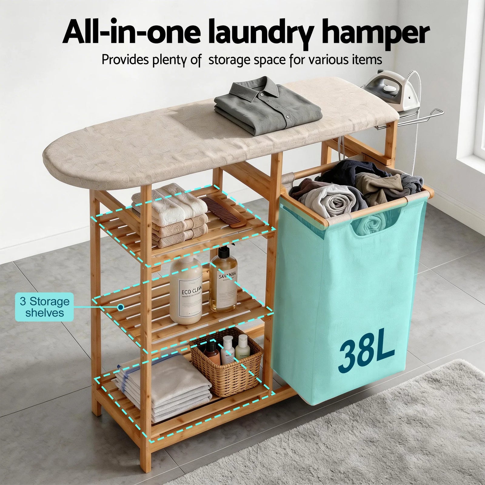 Artiss Laundry Basket Hamper with Ironing Board Bamboo