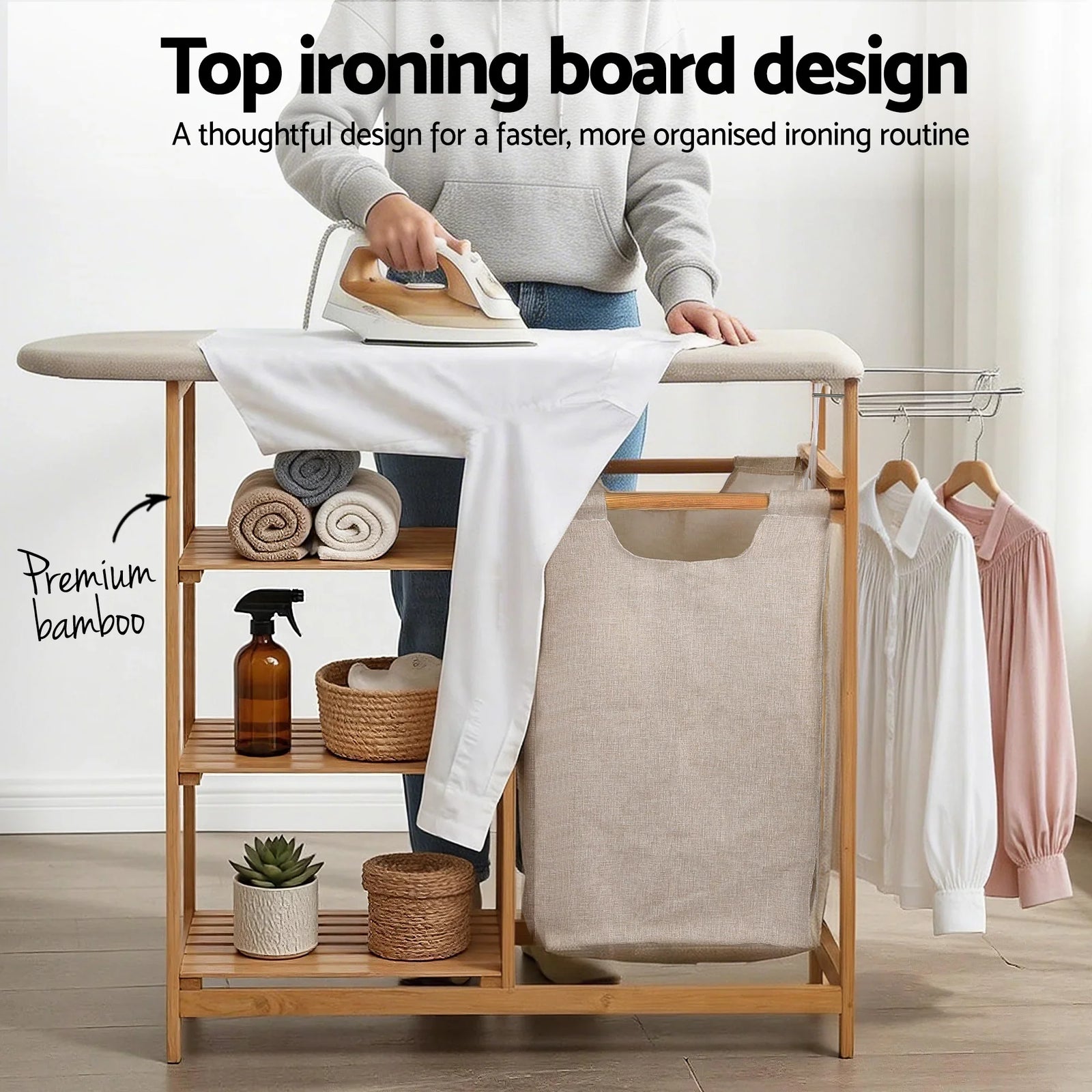 Artiss Laundry Basket Hamper with Ironing Board Bamboo