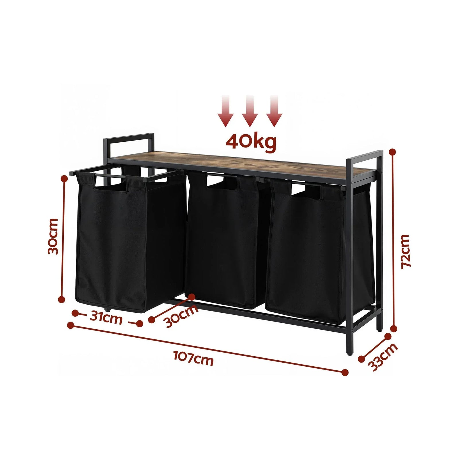 Laundry Basket with 3 Pull-out Bags Metal Frame Black