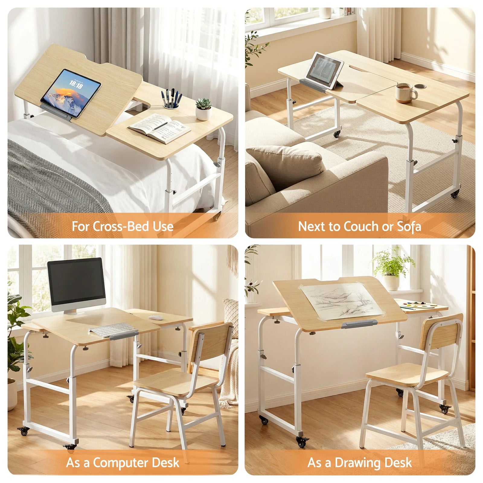 Mobile Laptop Desk Overbed Table Adjustable Computer Stand Bedside Cart