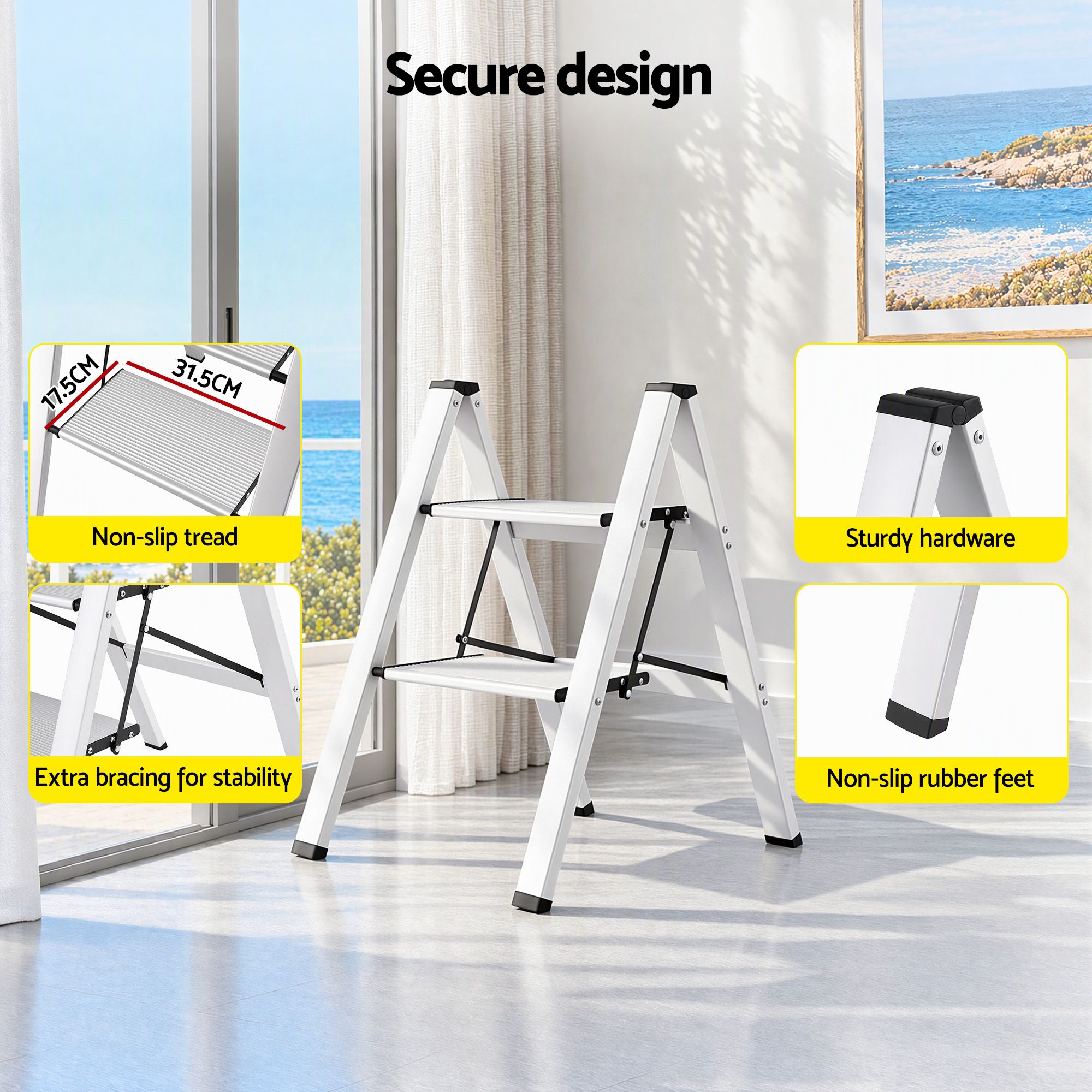 Giantz 2 Step Ladder Folding Aluminium Lightweight Step Stool Non-Slip 150kg