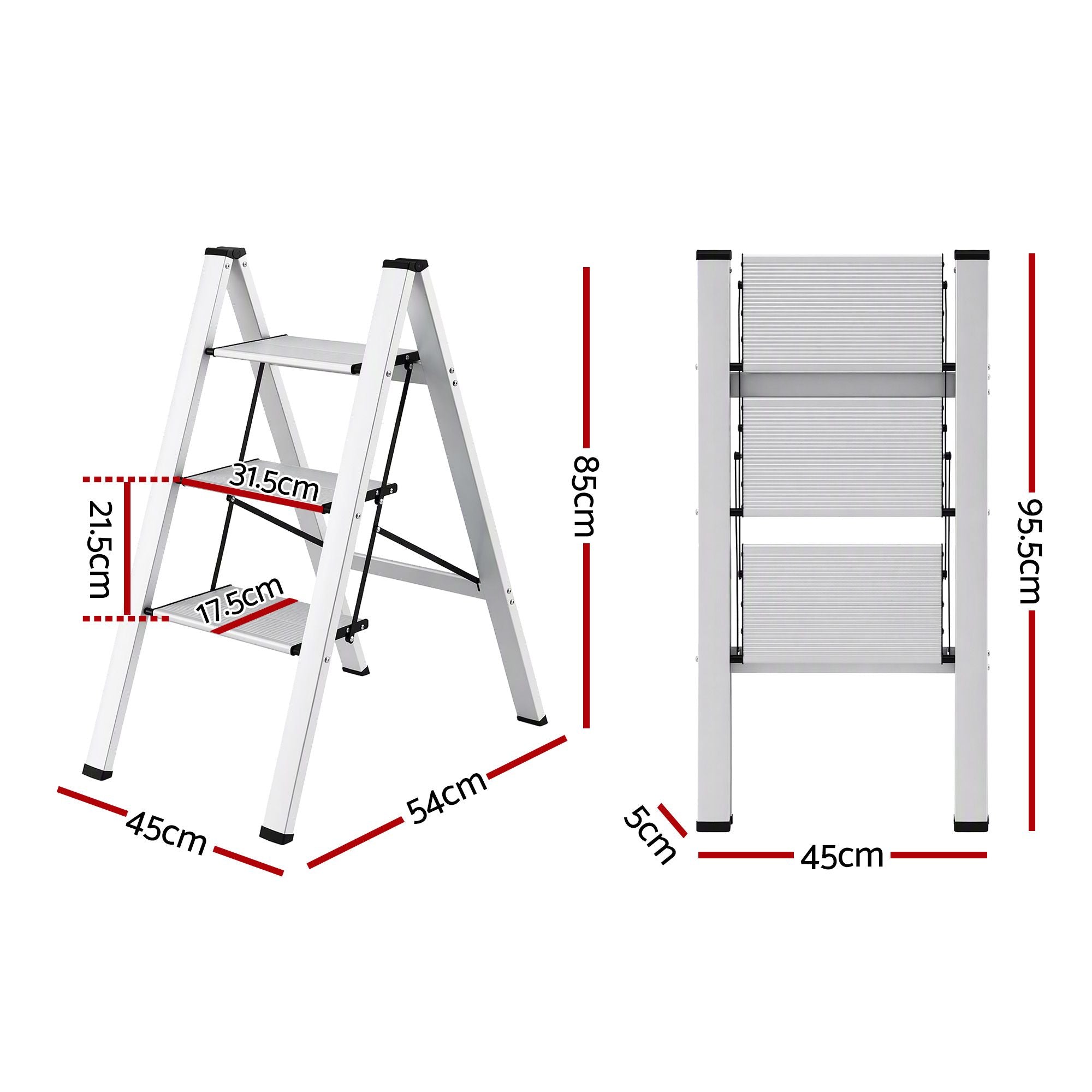 Giantz 3 Step Ladder Folding Aluminium Lightweight Step Stool Non-Slip 150kg